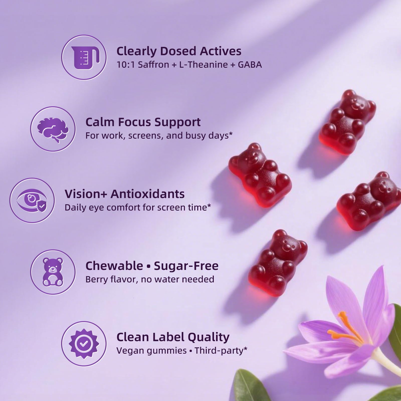 10-in-1 Saffron Supplements Gummies - Saffron Extract 88.5 mg with L-Theanine, GABA, Ashwagandha, Turmeric,Magnesium – Mood, Focus, Vision Support & Cortisol Balance, Sugar Free, Vegan, 60 Counts LukareeAu supplements