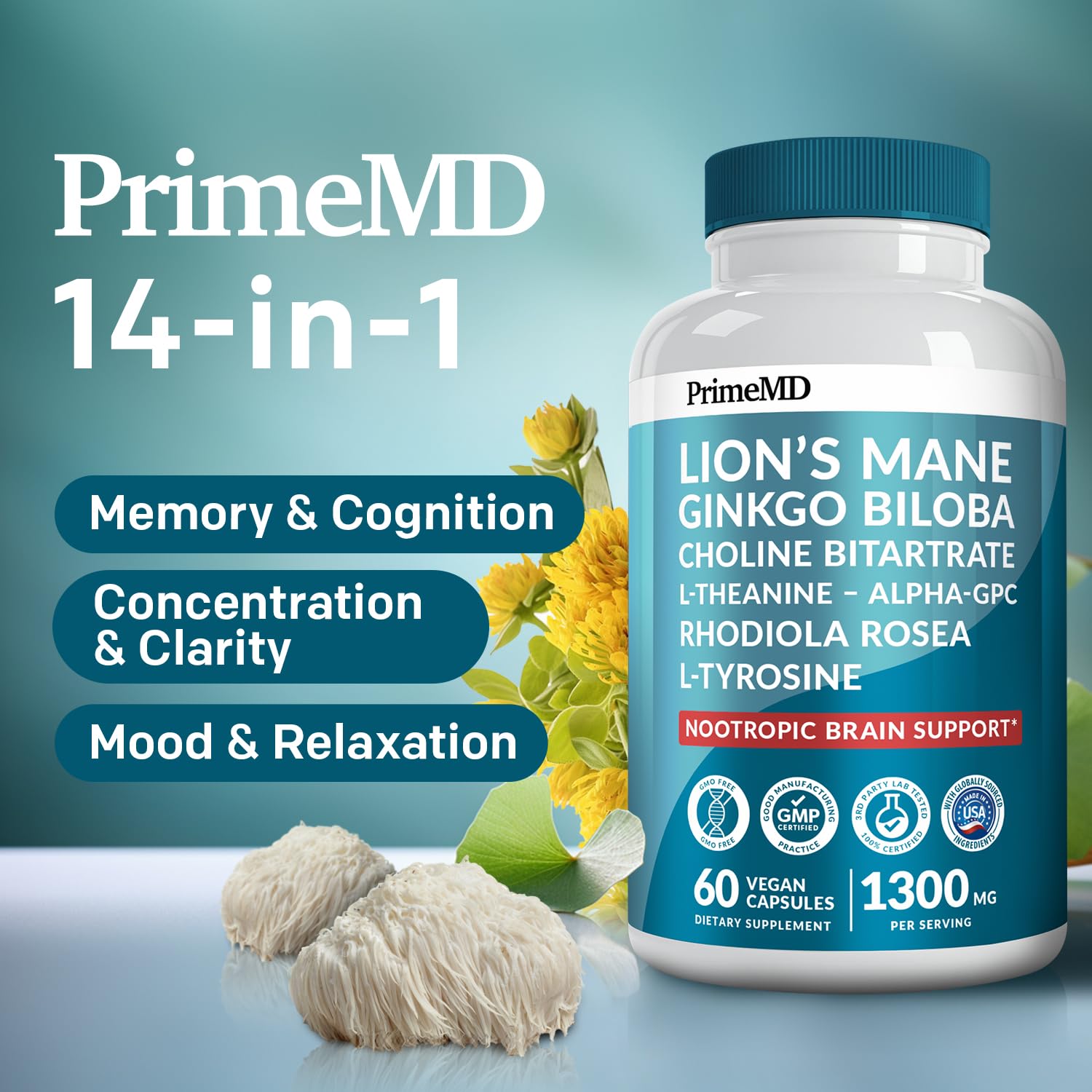 14-in-1 Lions Mane Supplement Capsules - Nootropic Brain Supplement with Ginkgo Biloba for Brain Support, Memory and Focus - Alpha GPC, L Theanine & Choline Supplements with 1300mg Per Serving (60 ct) PrimeMDAu supplements