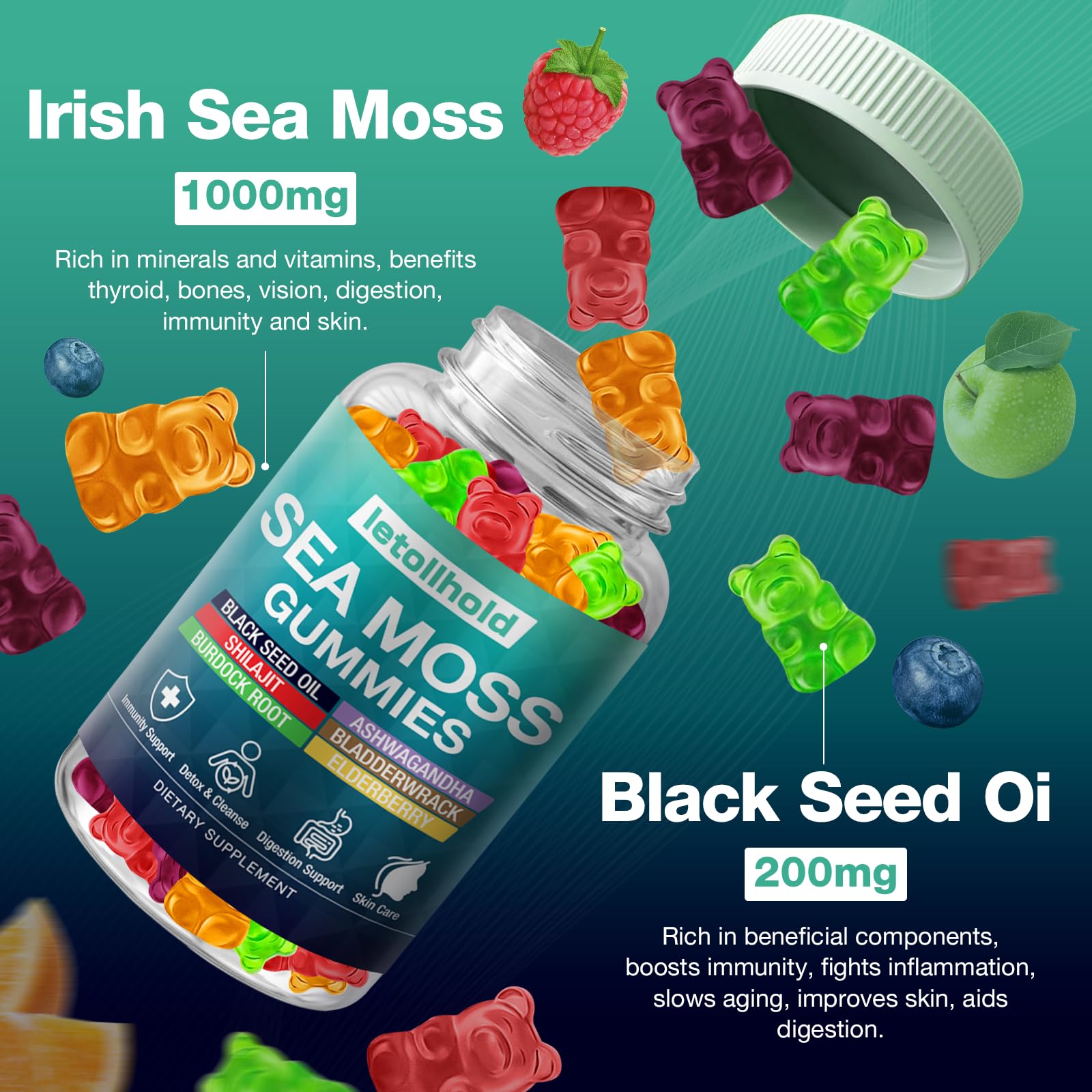 Sea Moss Gummies - Irish Sea Moss Gummies Advanced for Adults with Ashwagandha Bladderwrack & Burdock Root for Supports Immune，Energy - 60 Vegan Gummy,2PCS letollholdAu supplements