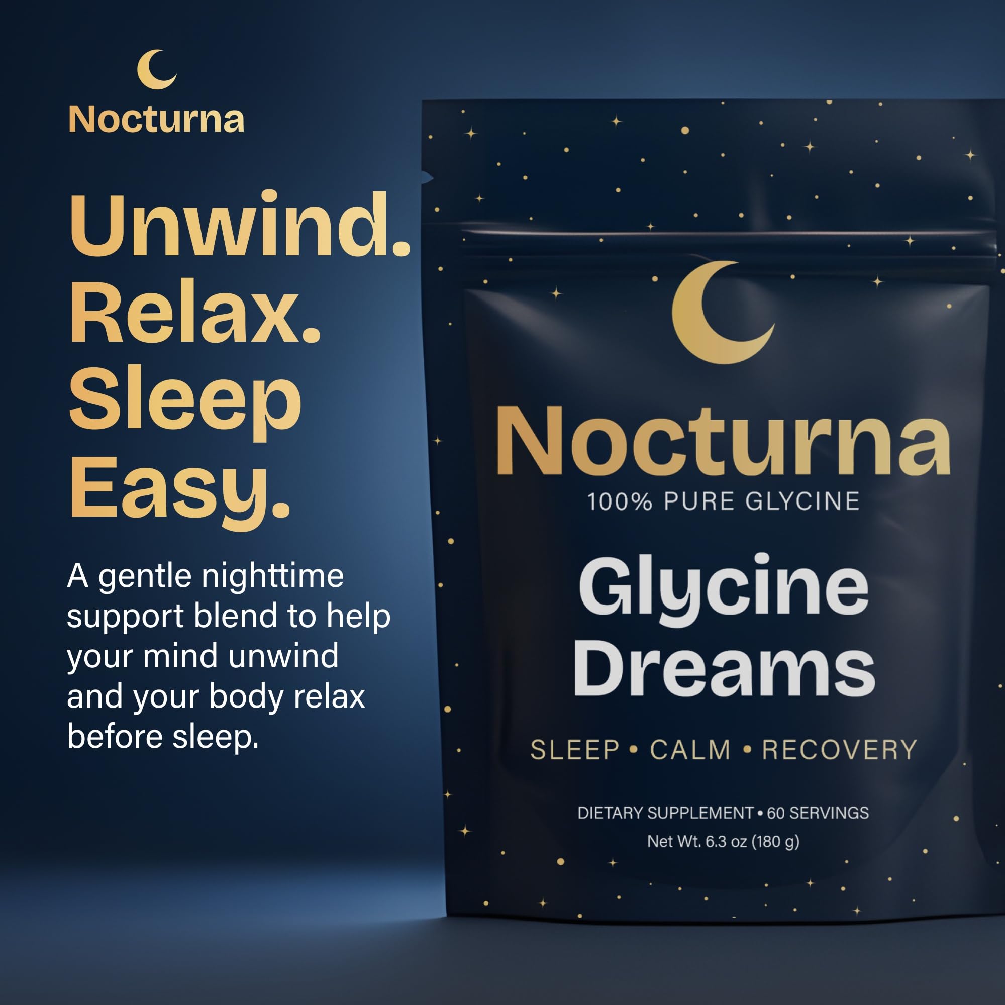 Nocturna Glycine Supplement – 100% Pure 3g Glycine Powder for Sleep, Calm & Recovery – USA Made Sleep Aid for Men & Women – Non-GMO & Completely Natural - 6.3Oz for 60 Servings NocturnaAu supplements