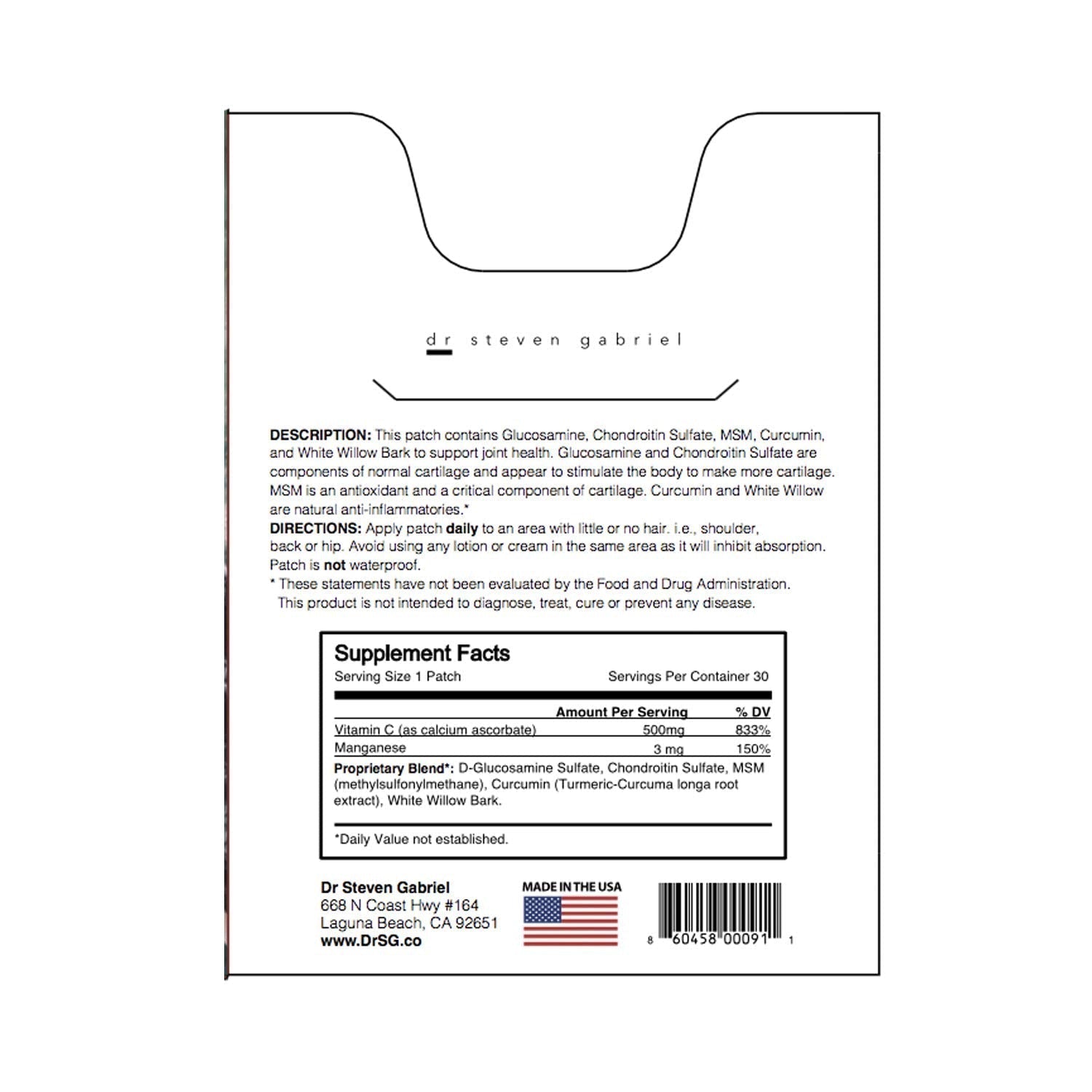 Dr. Steven Gabriel | Glucosamine Patch | Joint Relief, Improve Flexibility | Chrondroitin | 30 Day Supply DrSGAu supplements