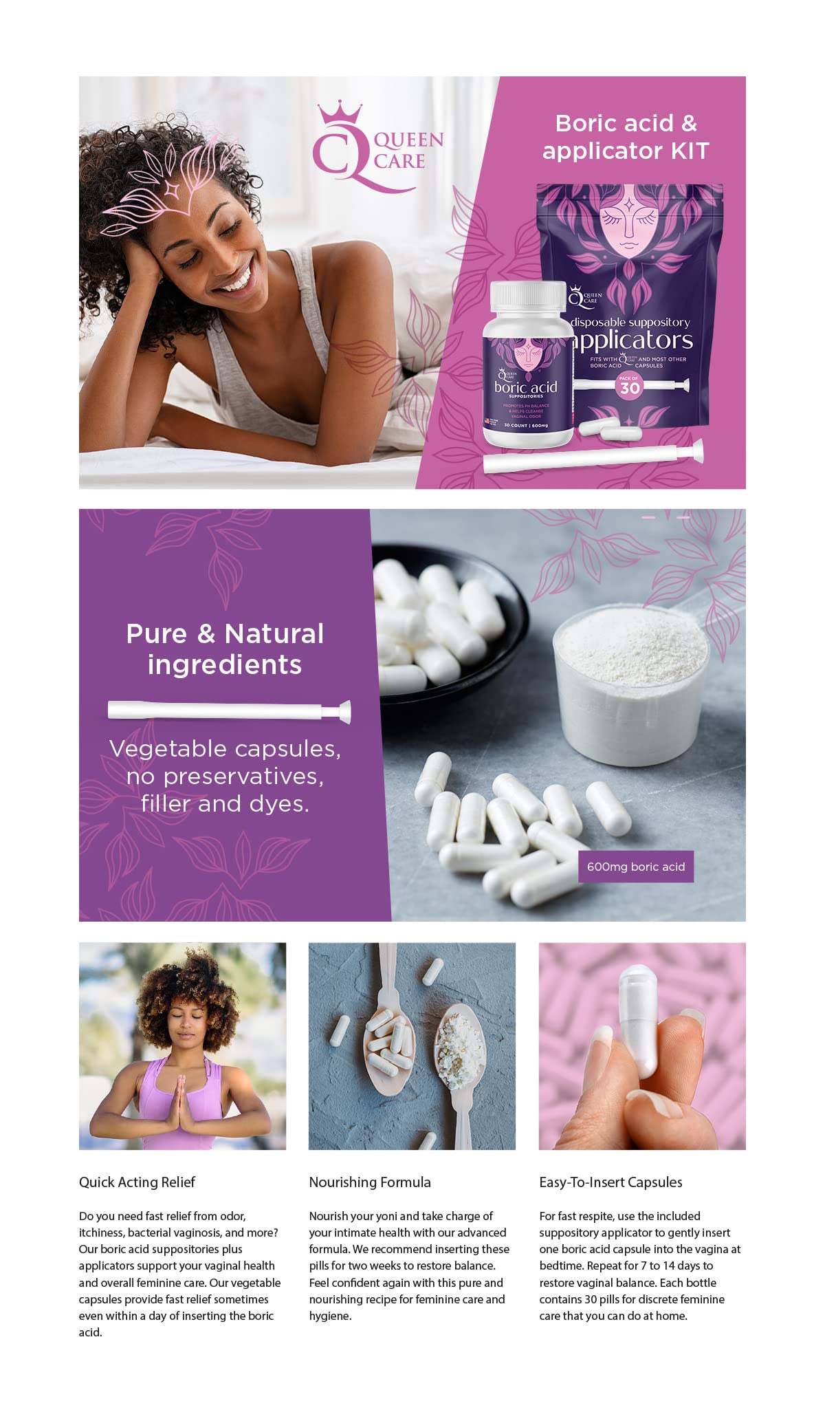 Queen Care - Boric Acid Suppositories & Applicators, Complete Feminine Care, PH Balance for Women Queen CareAu supplements