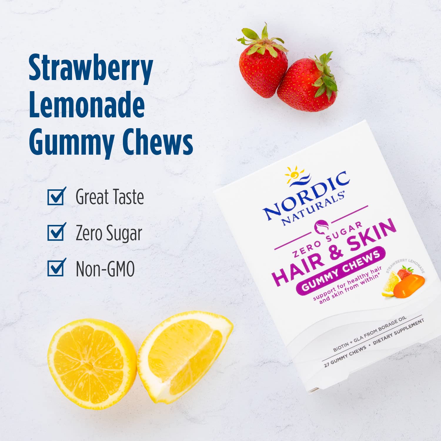 Nordic Naturals Zero Sugar Hair & Skin Gummy Chews, Strawberry Lemonade - 27 Gummy Chews - Biotin + GLA from Borage Oil - Promotes Healthy Balance of Fats in Skin - Non-GMO - 27 Servings Nordic NaturalsAu supplements