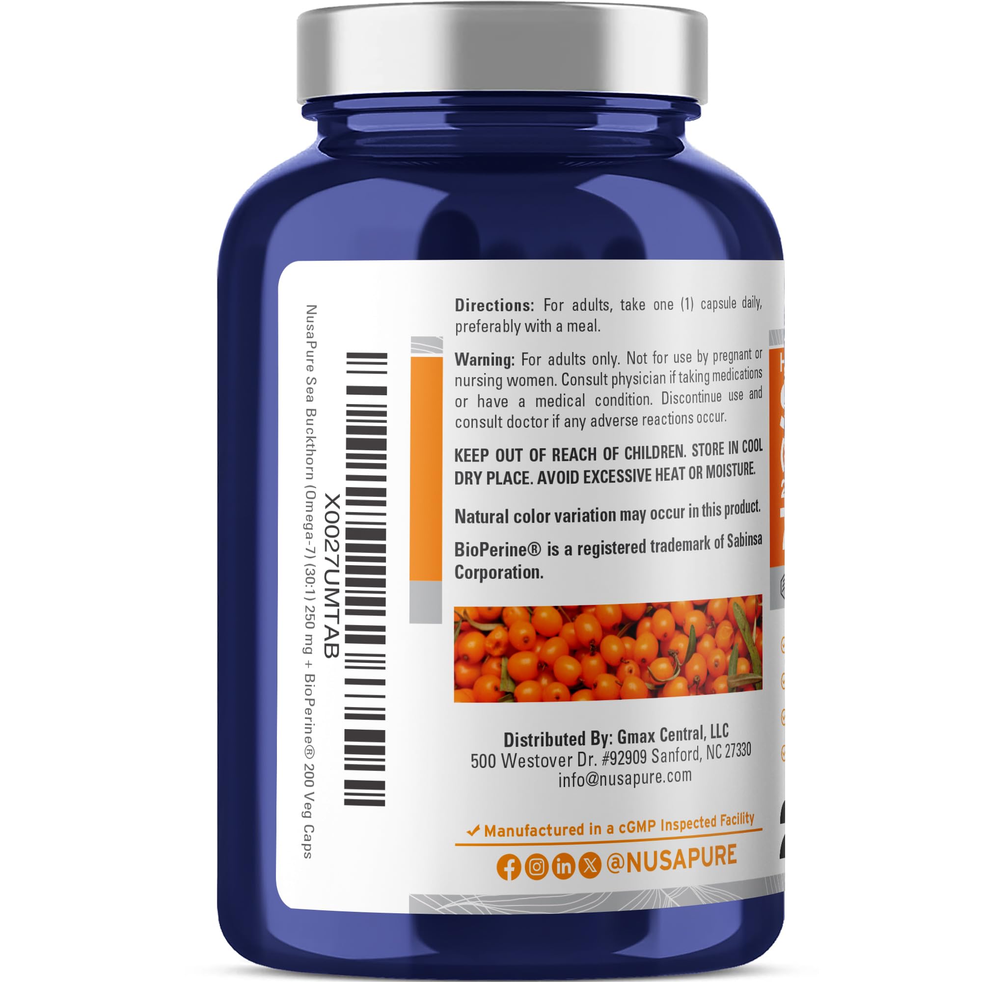 NusaPure Sea Buckthorn Omega-7 30:1 Extract, 250 mg Equivalent to 7,500mg per Veggie Caps - 200 Capsules - Non-GMO & Vegan NusaPureAu supplements