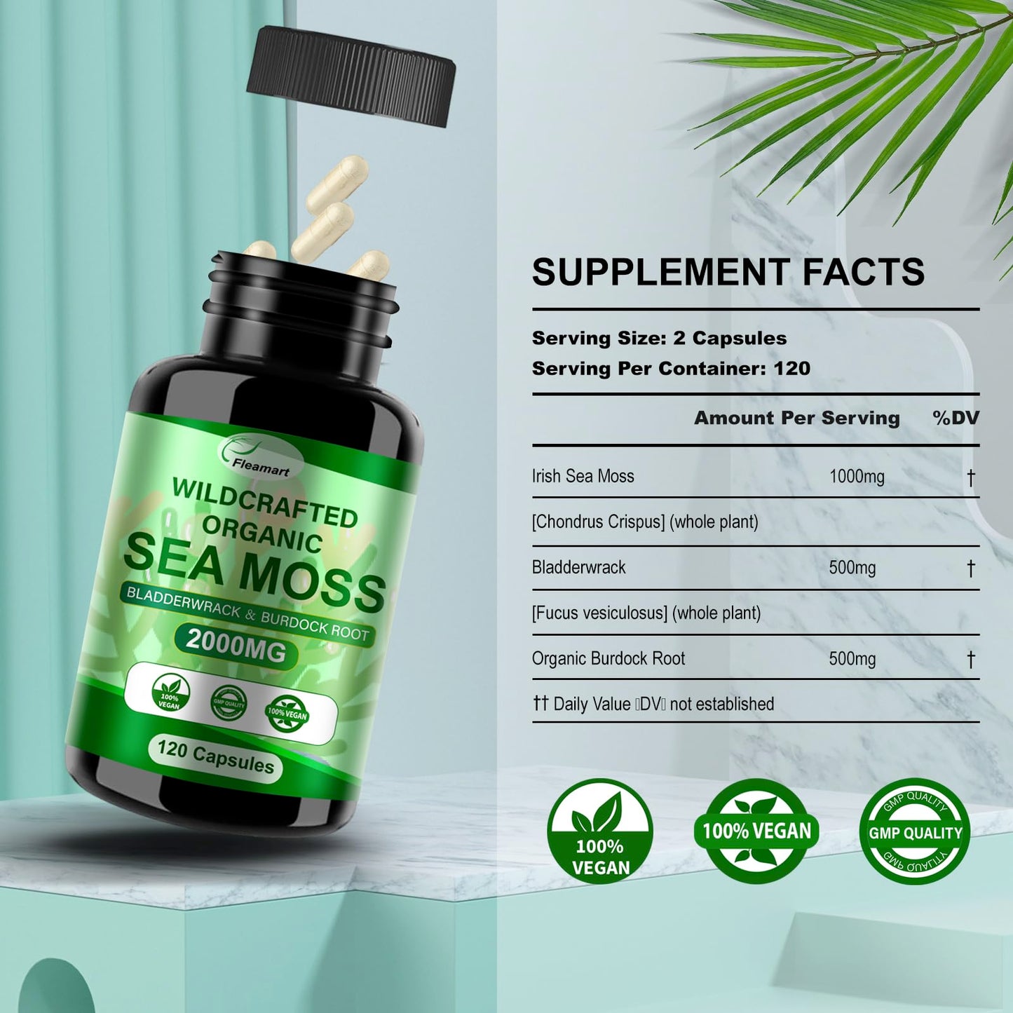 Fleamart Irish Sea Moss Capsules 120ct Raw Organic Sea Moss Wildcrafted Bladderwrack FleamartUS supplements