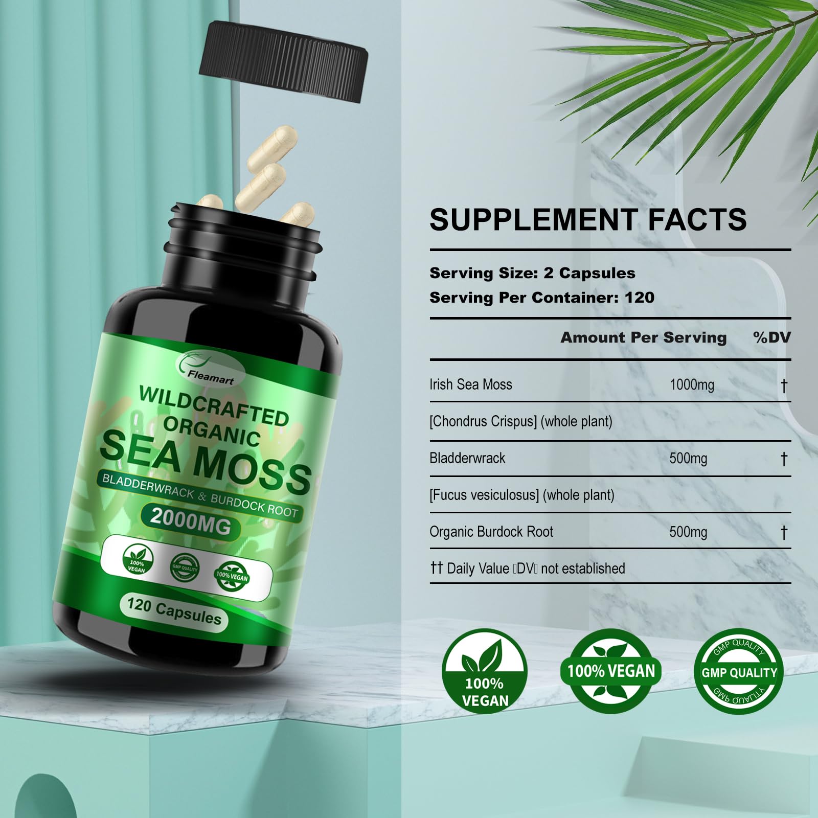 Fleamart Irish Sea Moss Capsules 120ct Raw Organic Sea Moss Wildcrafted Bladderwrack FleamartUS supplements