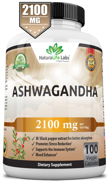 Organic Ashwagandha 2,100 mg - 100 Vegan Capsules Pure Organic Ashwagandha Powder NaturaLife Labs A Higher StandardUS supplements