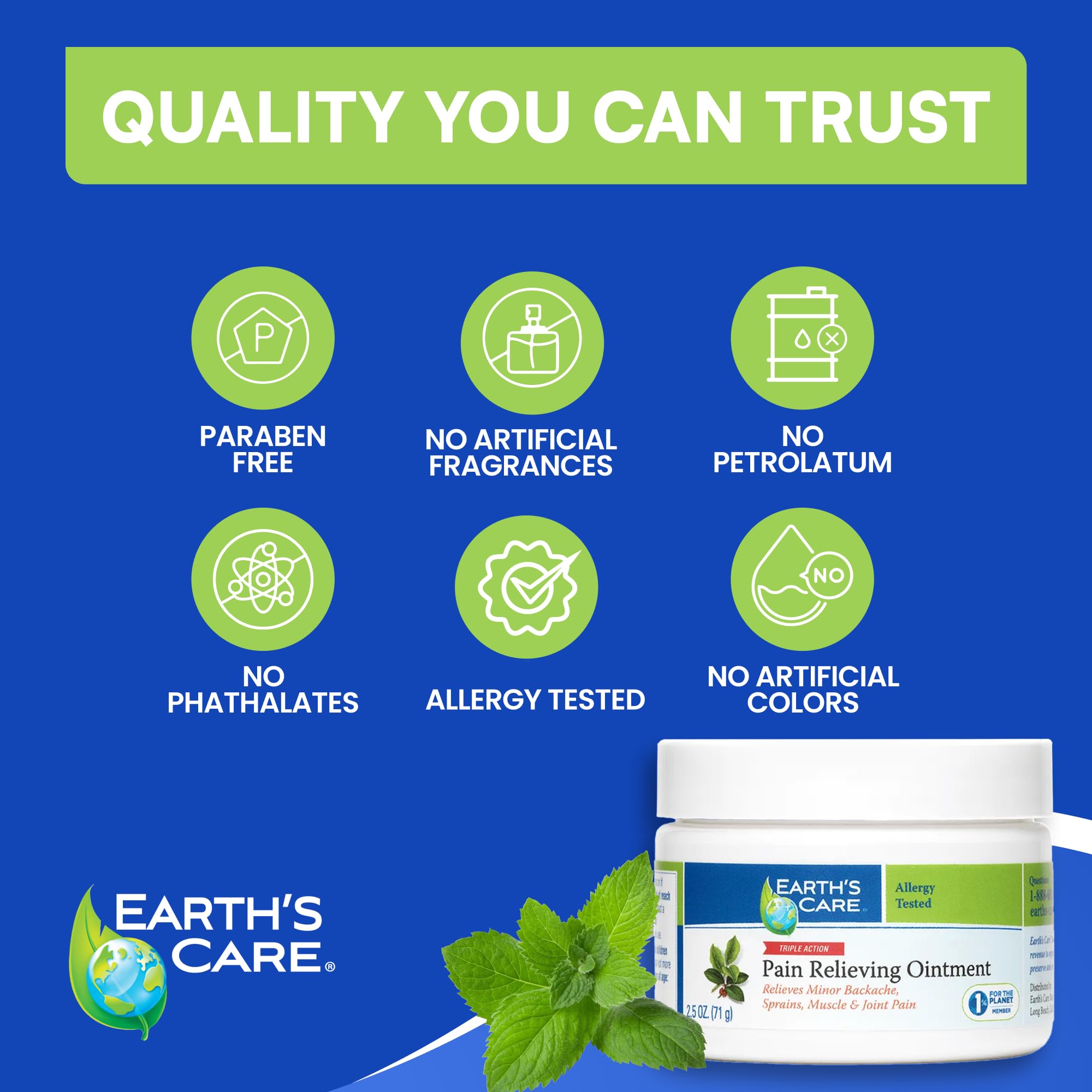 Earth's Care Triple Action Pain Relieving Ointment, No Parabens, Colors or Fragrances, Allergy-Tested 2.5 OZ. (2 Jars) Earth's CareAu supplements