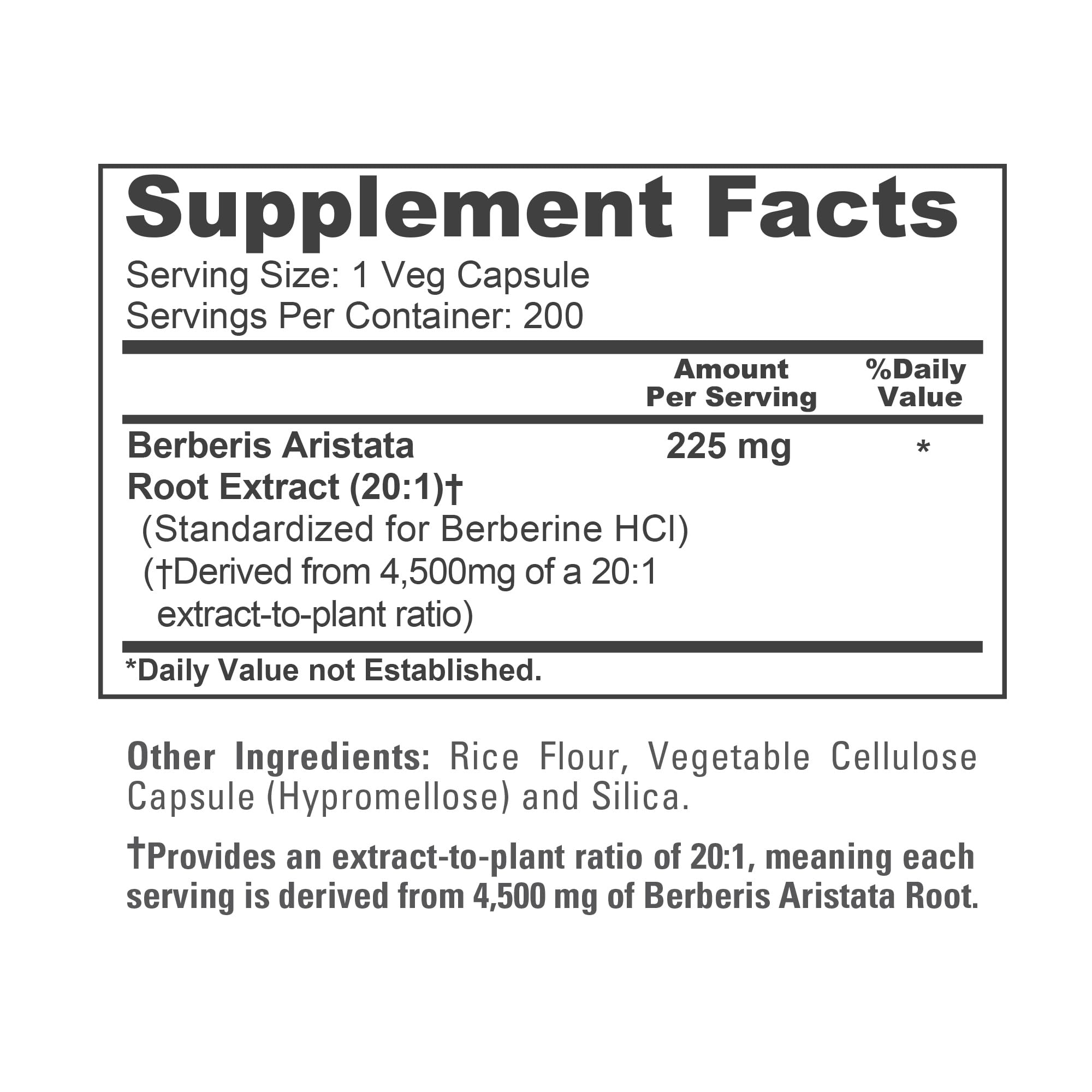 NusaPure Berberine HCI 20:1 Extract, 225 mg Equivalent to 4,500mg - 200 Veggie Caps - (Vegetarian, Non-GMO, Vegan) NusaPureAu supplements