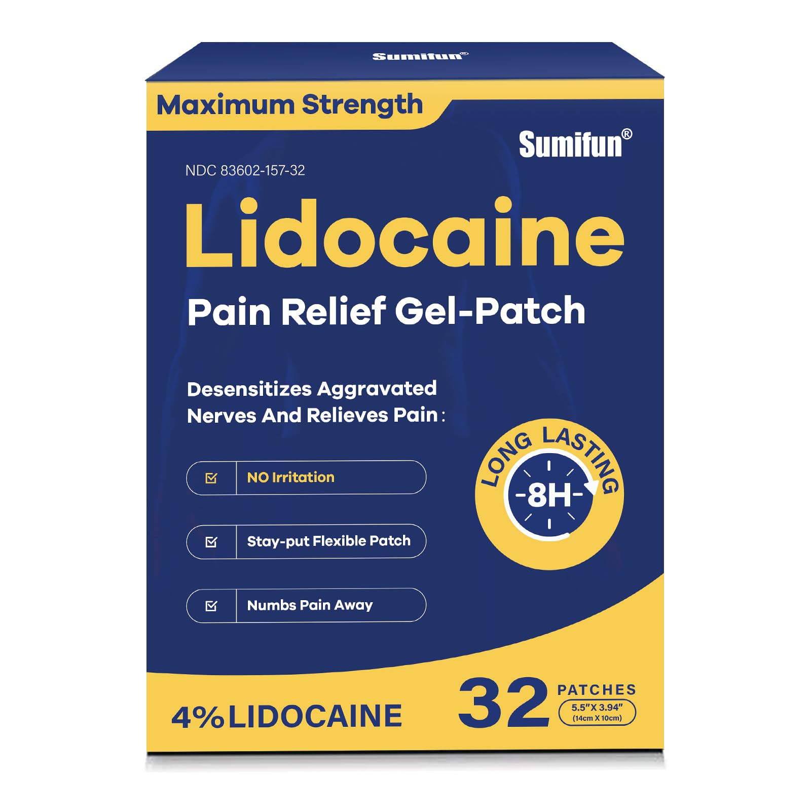 Sumifun 4% Lidocaine Patches Maximum Strength- Pain Relieving Gel Patch for Back, Shoulder, Muscle, Knee Pain Relief,Neck & Joint Pains-Numbs Away Pain, Apply for Up to 8 Hours (Large, Count, 32) SumifunAu supplements
