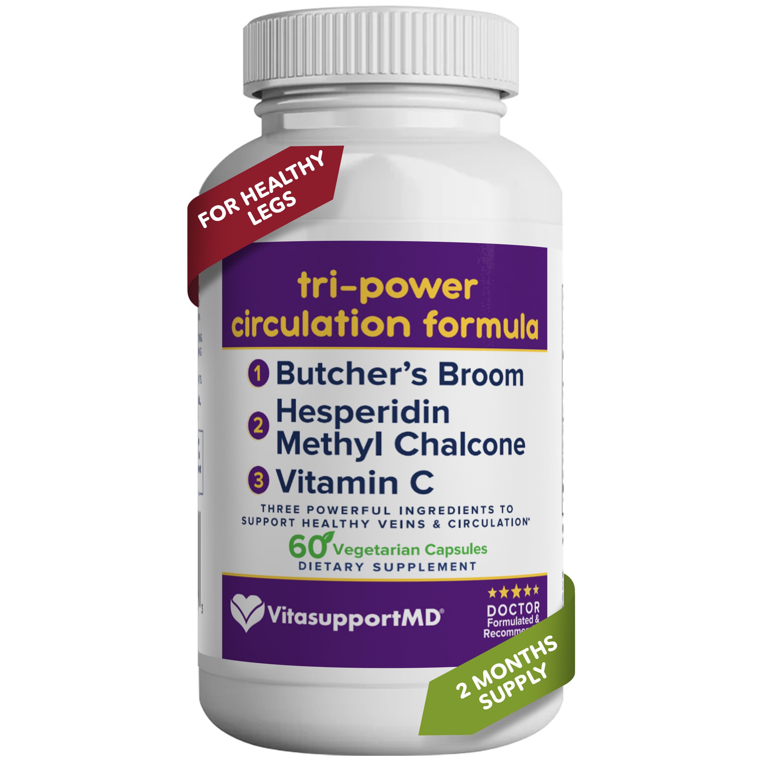 VITASUPPORTMD Tri-Power Circulation Formula - Circulation Supplement with Butcher's Broom, Hesperidin Methyl Chalcone, and Vitamin C, 60 Capsules, for Blood and Leg Circulation, Vein Health Support VITASUPPORTMDAu supplements