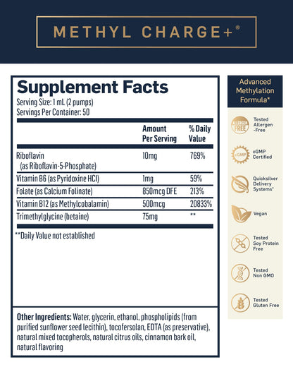 Quicksilver Scientific Methyl Charge - Methylation, Liver, Detox + Energy Supplement - Folate, Vitamin B12, Riboflavin, Vitamin B6 + TMG Supplement with Superior Absorption - Vegan B Vitamins (50ml) Quicksilver ScientificUS supplements