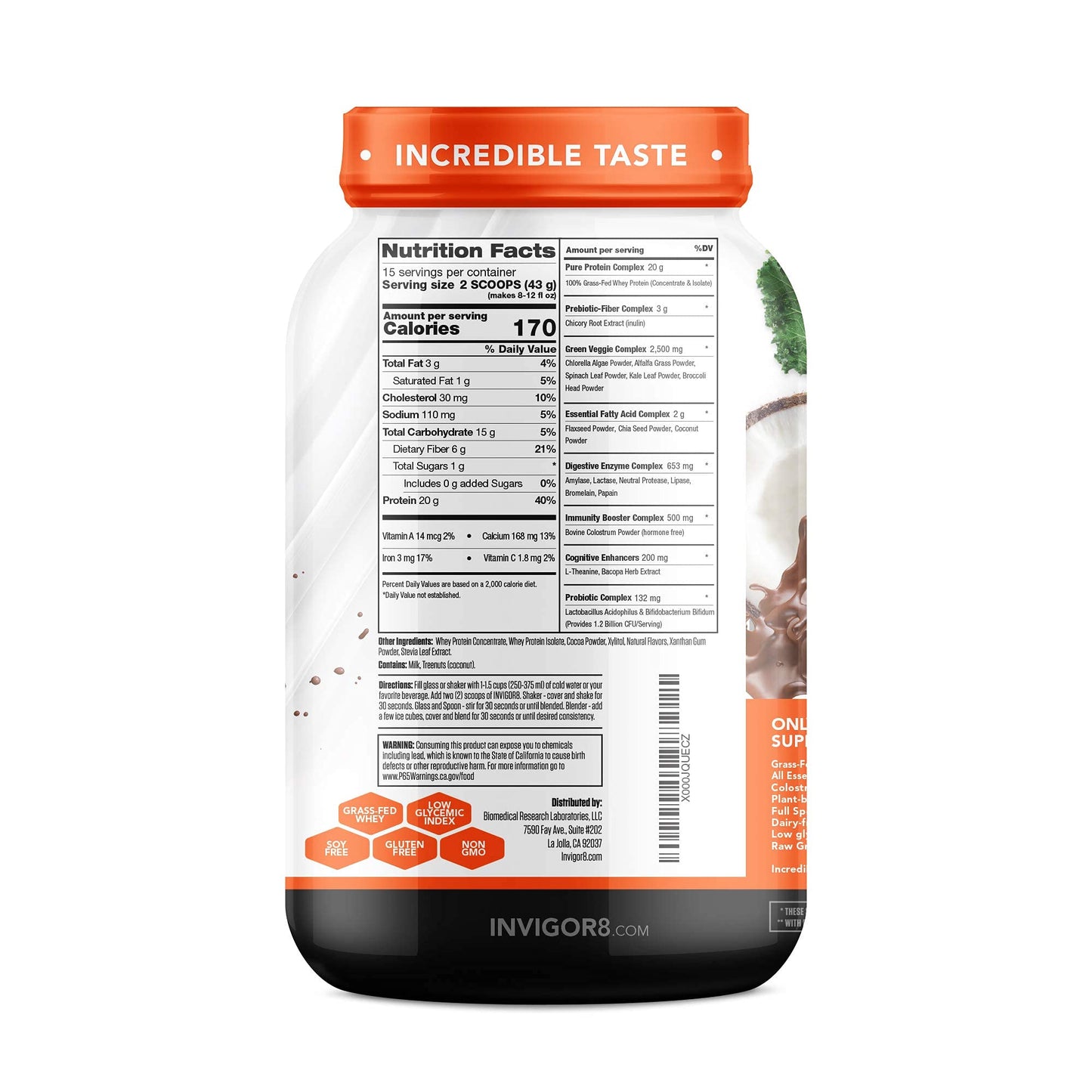 INVIGOR8 Superfood Grass Fed Whey Protein Isolate Shake Chocolate Brownie Gluten INVIGOR8US supplements