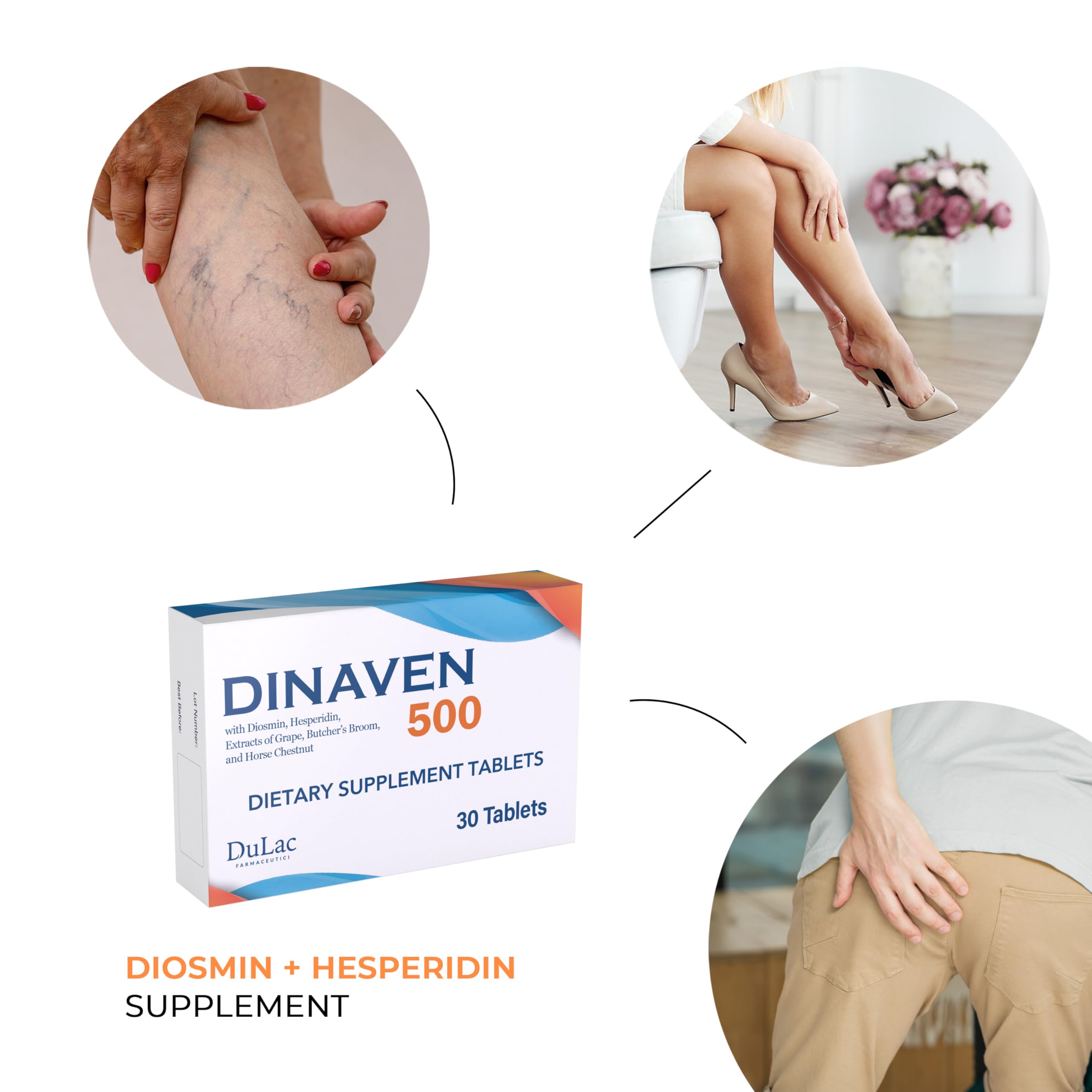 Dulac Dinaven 500, Micronized Diosmin Hesperidin Dietary Supplement 1000mg per serving, Horse Chestnut Extract, Butcher’s Broom & Red Grape Extract, Leg Circulation Support, 30 Tablets, Made in Italy DULÀC FARMACEUTICI 1982Au supplements