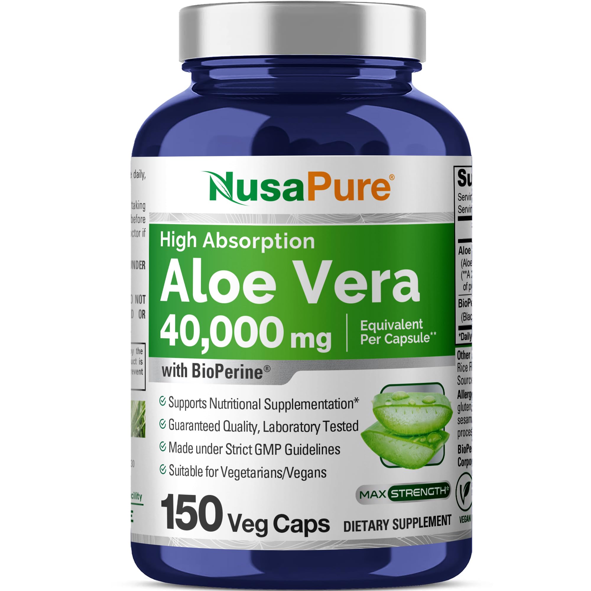 NusaPure Aloe Vera 40,000mg Per Veggie Caps - 150 Count - Aloe Vera Gel Supplement - Extract 200:1, Vegetarian, Non-GMO, Bioperine NusaPureAu supplements