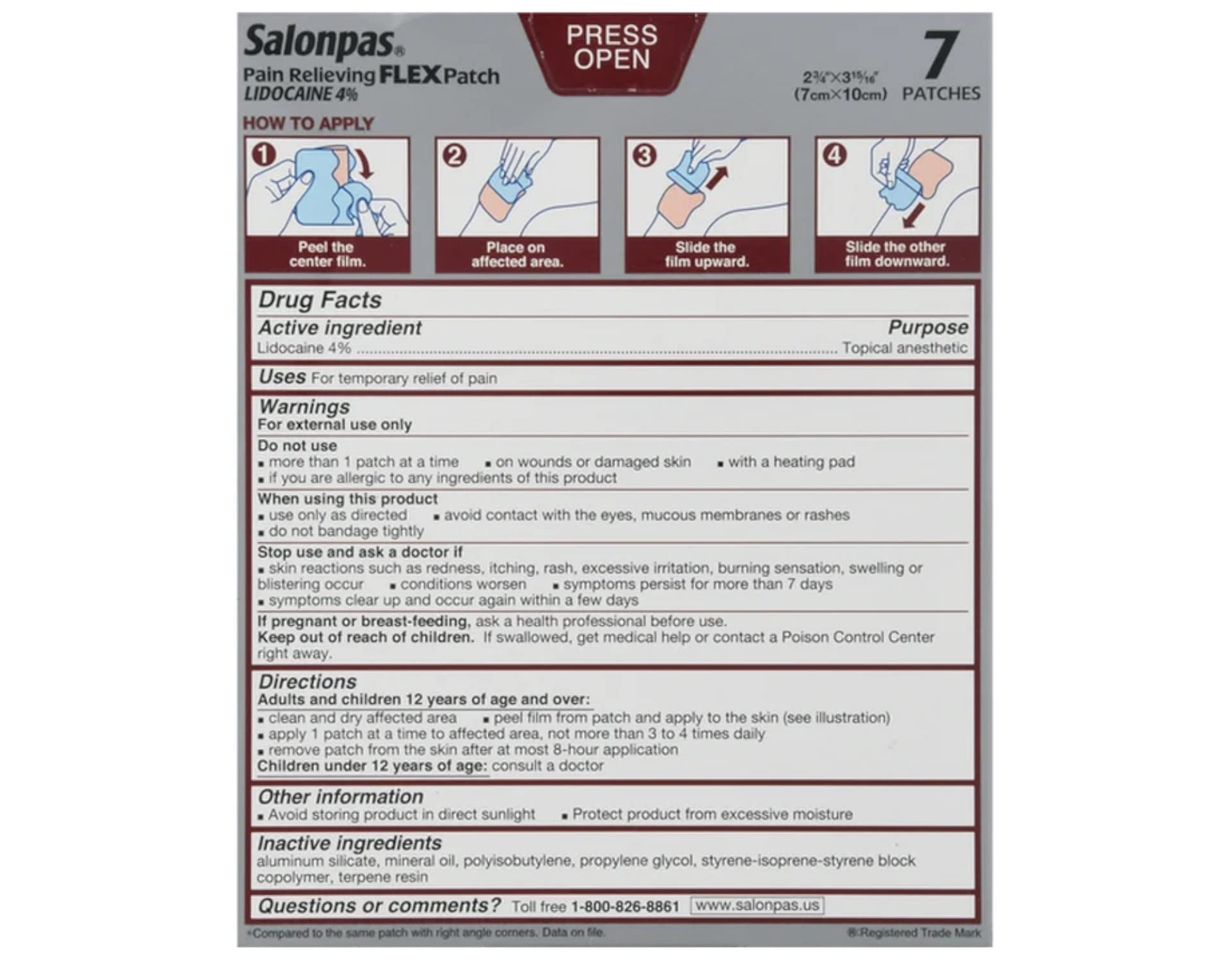 Salonpas Temporary Pain Relieving Flex Patch with Lidocaine 4%, Maximum OTC Strength, Stretchable Thin Fabric, Strong Adhesion, Contours to Body, Apply for Up to 8 Hours 7 ct (Pack of 2) SalonpasAu supplements