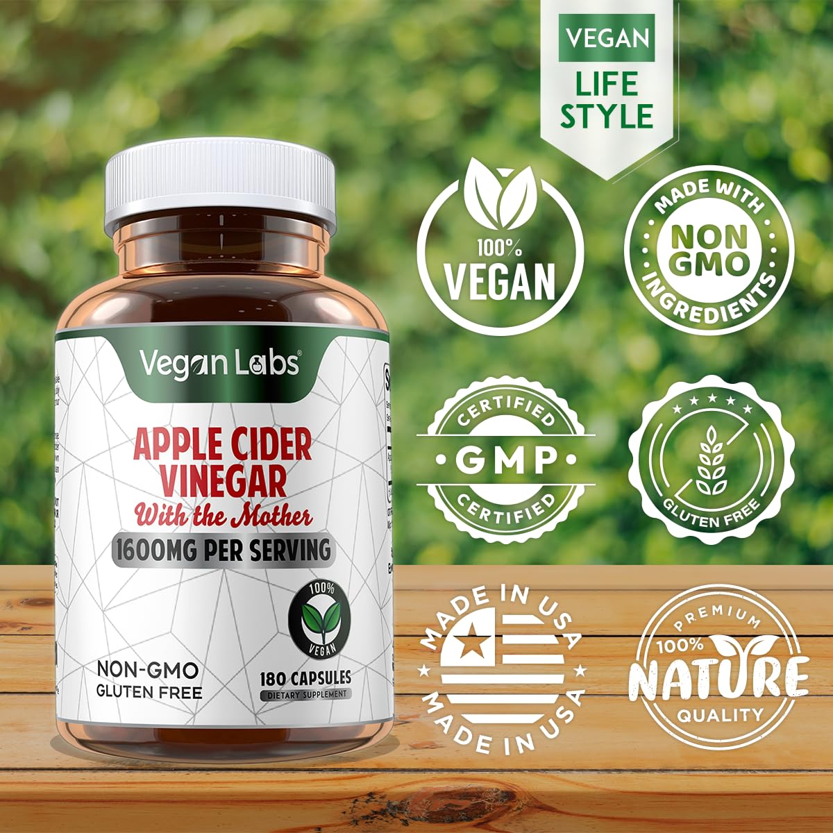 Vegan Labs Apple Cider Vinegar Capsules with The Mother- 180 Vegan Capsules Vegan LabsUS supplements