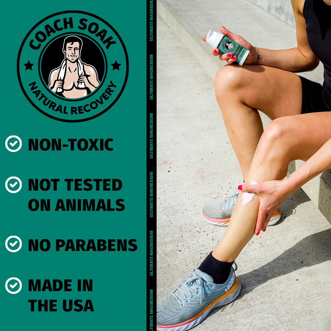 Coach Soak Magnesium Cream with MSM in Pump Bottle - Natural Recovery Cream with Magnesium Chloride & Menthol - Fast-Absorbing for Muscles & Joints, Cooling Menthol, 3.4oz Coach SoakAu supplements