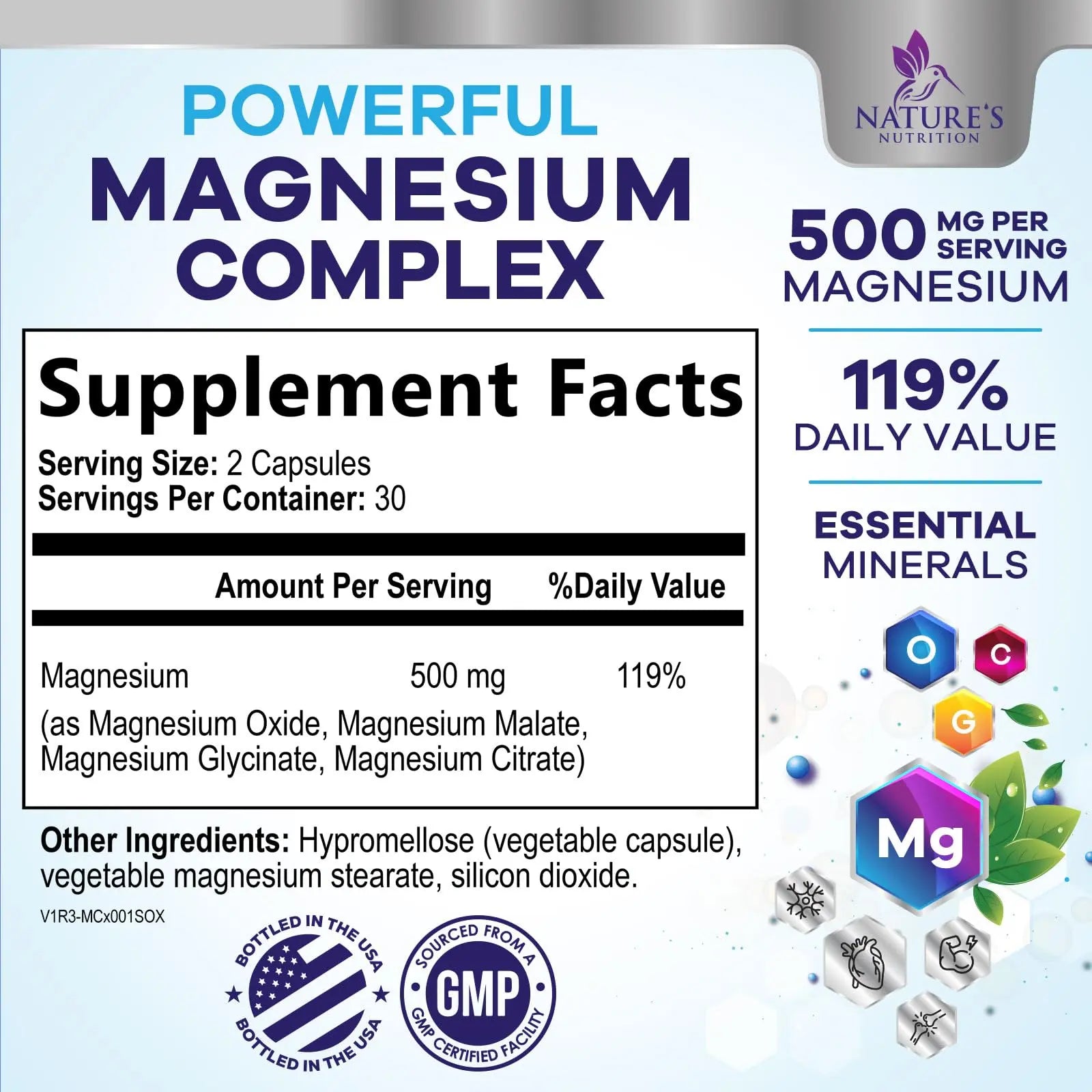 Magnesium Complex Supplement - Magnesium 500 mg Per Serving - 4 in 1 High Absorption Blend - 100% Chelated Magnesium Glycinate with Malate, Citrate & Oxide - Vegan Complex - USA Bottled - 60 Capsules Nature's Nutritionnz supplements