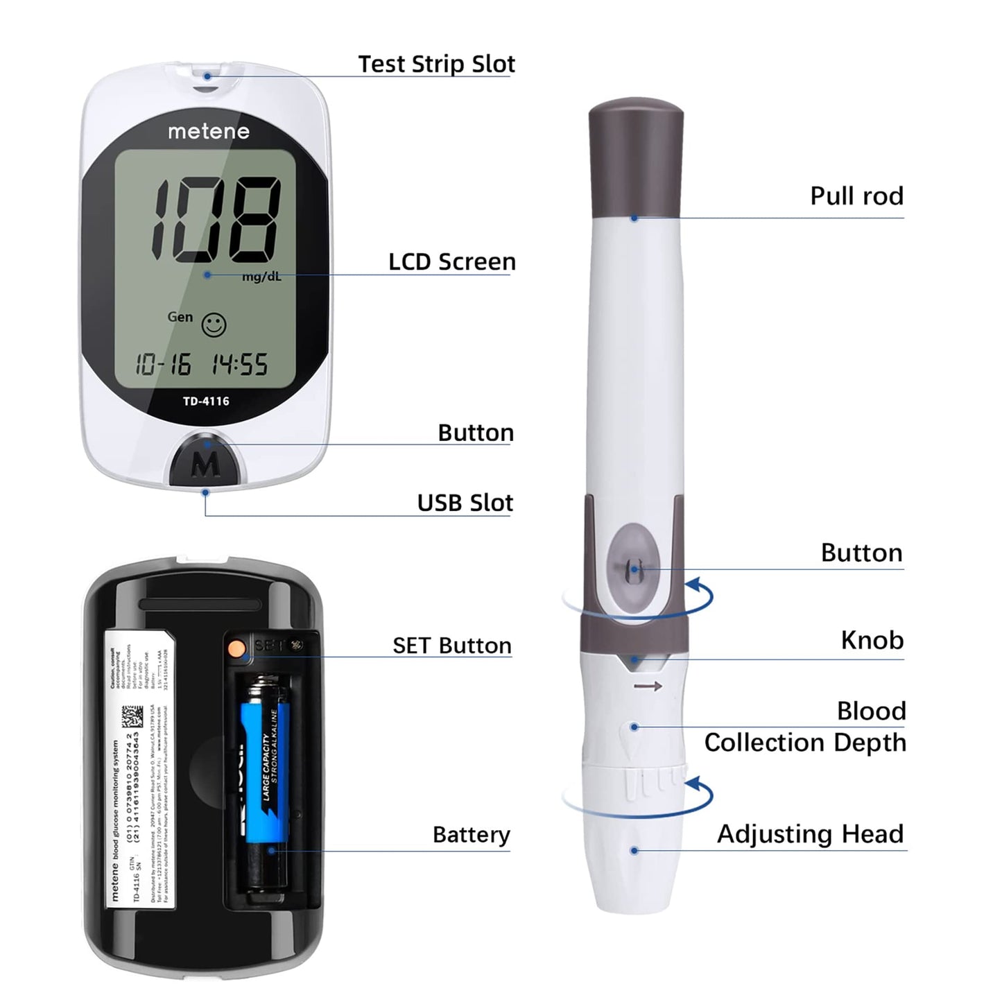 Metene TD-4116 Blood Glucose Monitor Kit, 100 Glucometer Strips MeteneUS supplements