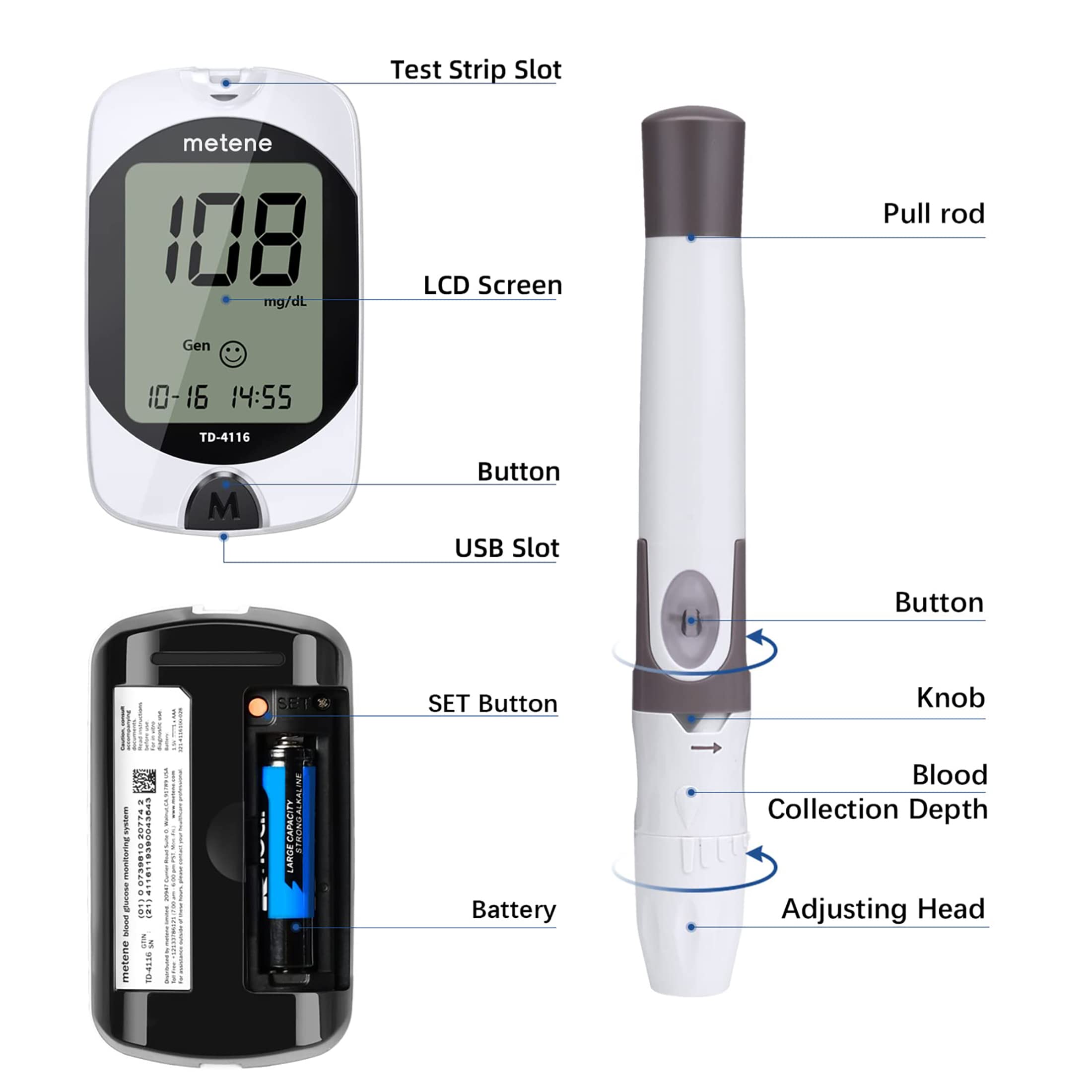 Metene TD-4116 Blood Glucose Monitor Kit, 100 Glucometer Strips MeteneAu supplements