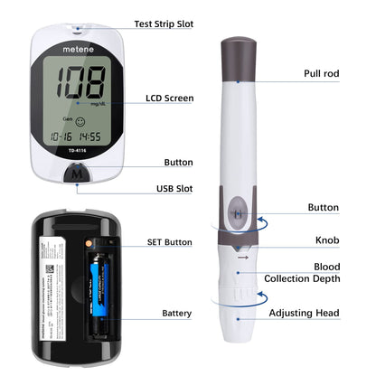 Metene TD-4116 Blood Glucose Monitor Kit, 100 Glucometer Strips MeteneUS supplements