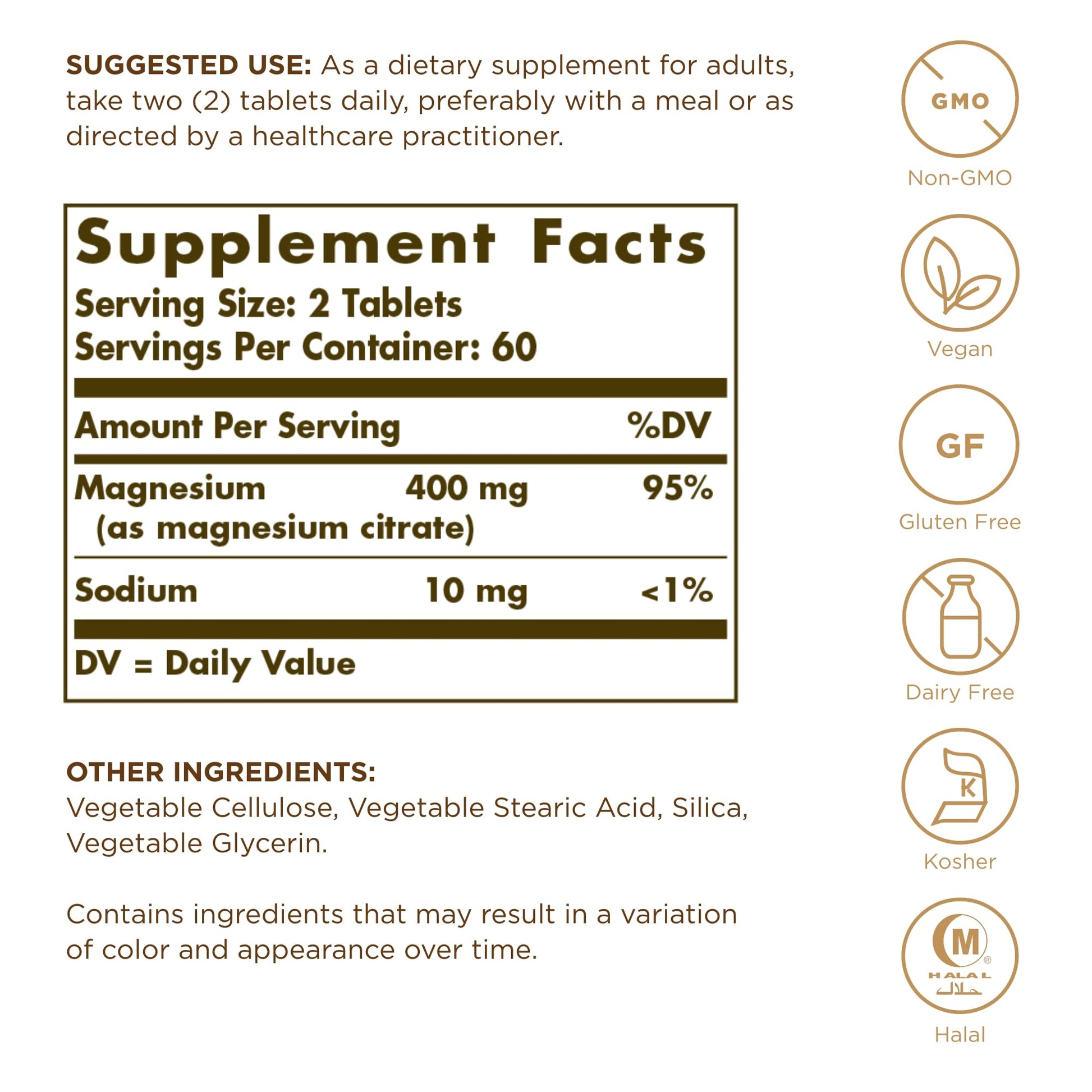 Solgar Magnesium Citrate - 120 Tablets, Pack of 2 - Promotes Healthy Bones, Supports Nerve & Muscle Function - Highly Absorbable - Non-GMO, Vegan, Gluten Free, Kosher - 120 Total Servings SolgarAu supplements