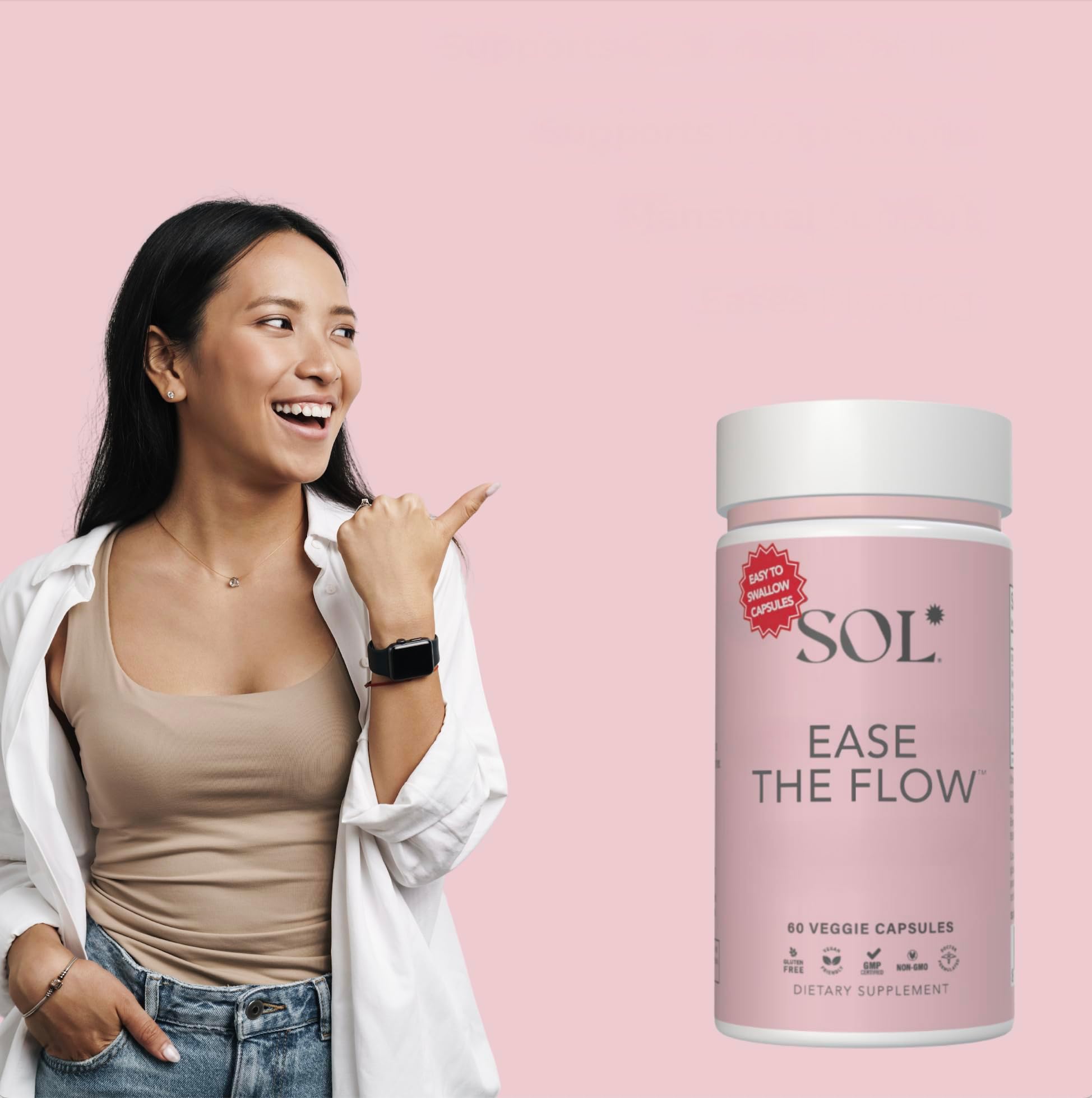 Sol Nutrition Ease the Flow - PMS Support, Menstrual Relief, PMDD Supplements, Period Relief Products, Eases Bloating & Mood Swings, Vitamins B6 & B8, 60 Easy-to-Swallow Capsules Sol NutritionAu supplements