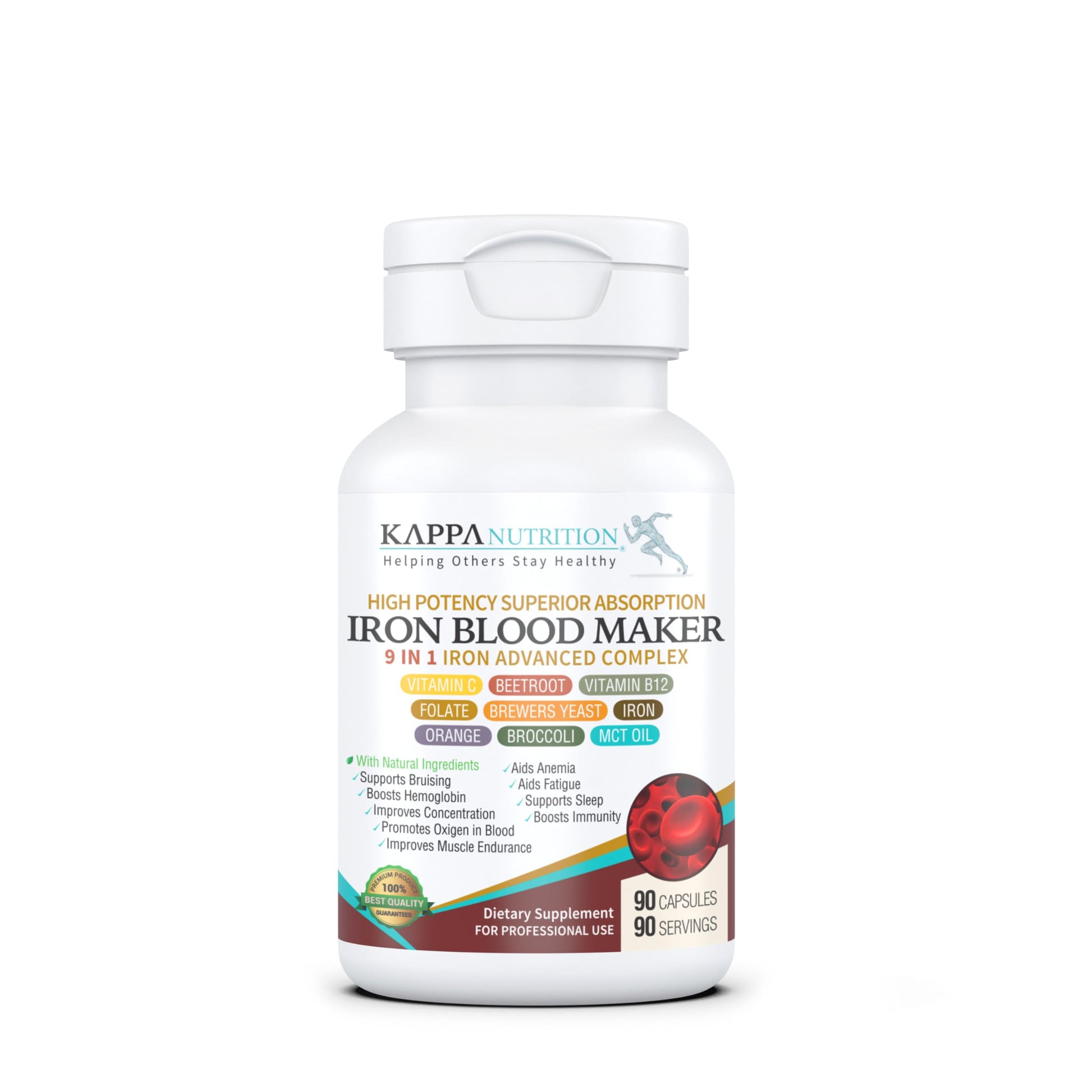 KAPPA NUTRITION Iron 26mg, Vitamin C & Orange 150mg, Folate 667mcg DFE, Vitamin B12, Beetroot, Brewers Yeast, Broccoli & MCT Oil 9 in 1 Advanced Complex (90 Capsules) KAPPA NUTRITIONAu supplements