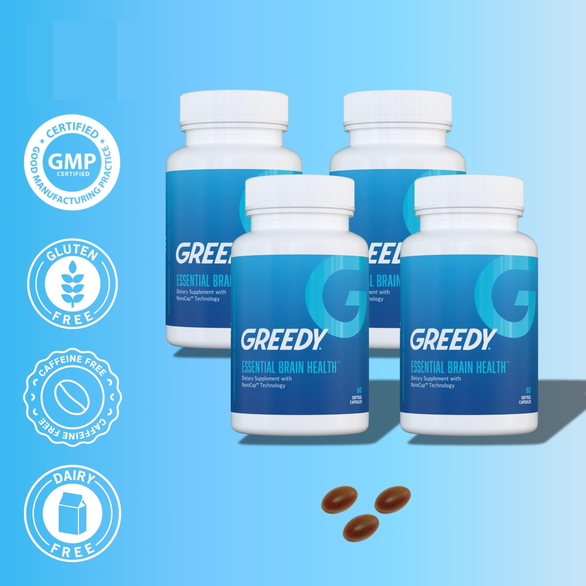Essential Brain Health Supplements Nootropic for Memory and Focus – for Adults with NanoCap® Technology, Phosphatidylserine, Bacopa, Ginkgo Biloba, Omega 3, B6, B12, 60 Softgels by Greedy® Nutrition Platinum HealthAu supplements