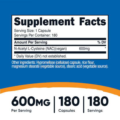 Nutricost N-Acetyl L-Cysteine (NAC) 600mg, 180 Capsules - Non-GMO, Gluten Free NutricostUS supplements