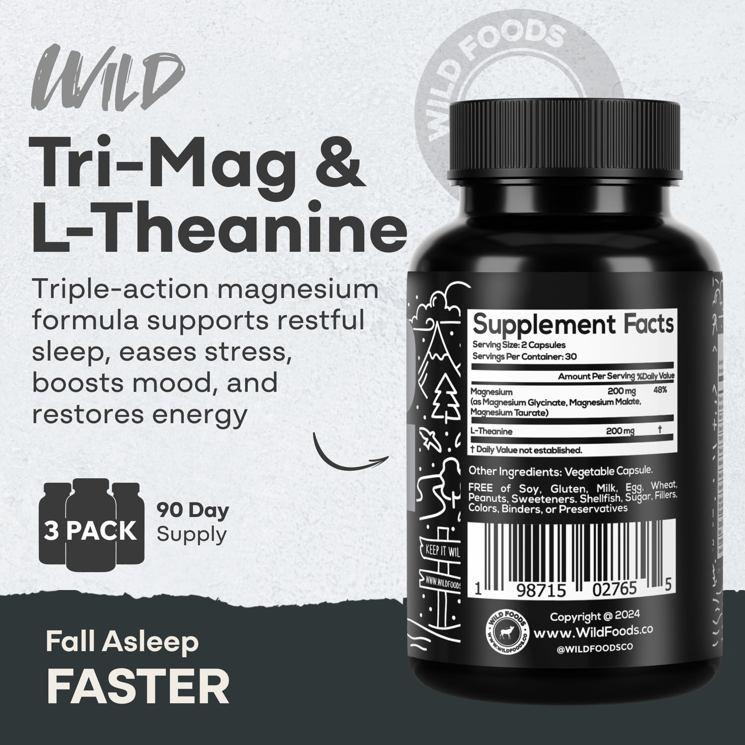 Wild Foods Tri-Mag & L-Theanine – Triple Magnesium Complex for Sleep w/L Theanine – Magnesium Glycinate, Malate, Taurate – 100% Natural – 60 Capsules Wild FoodsAu supplements