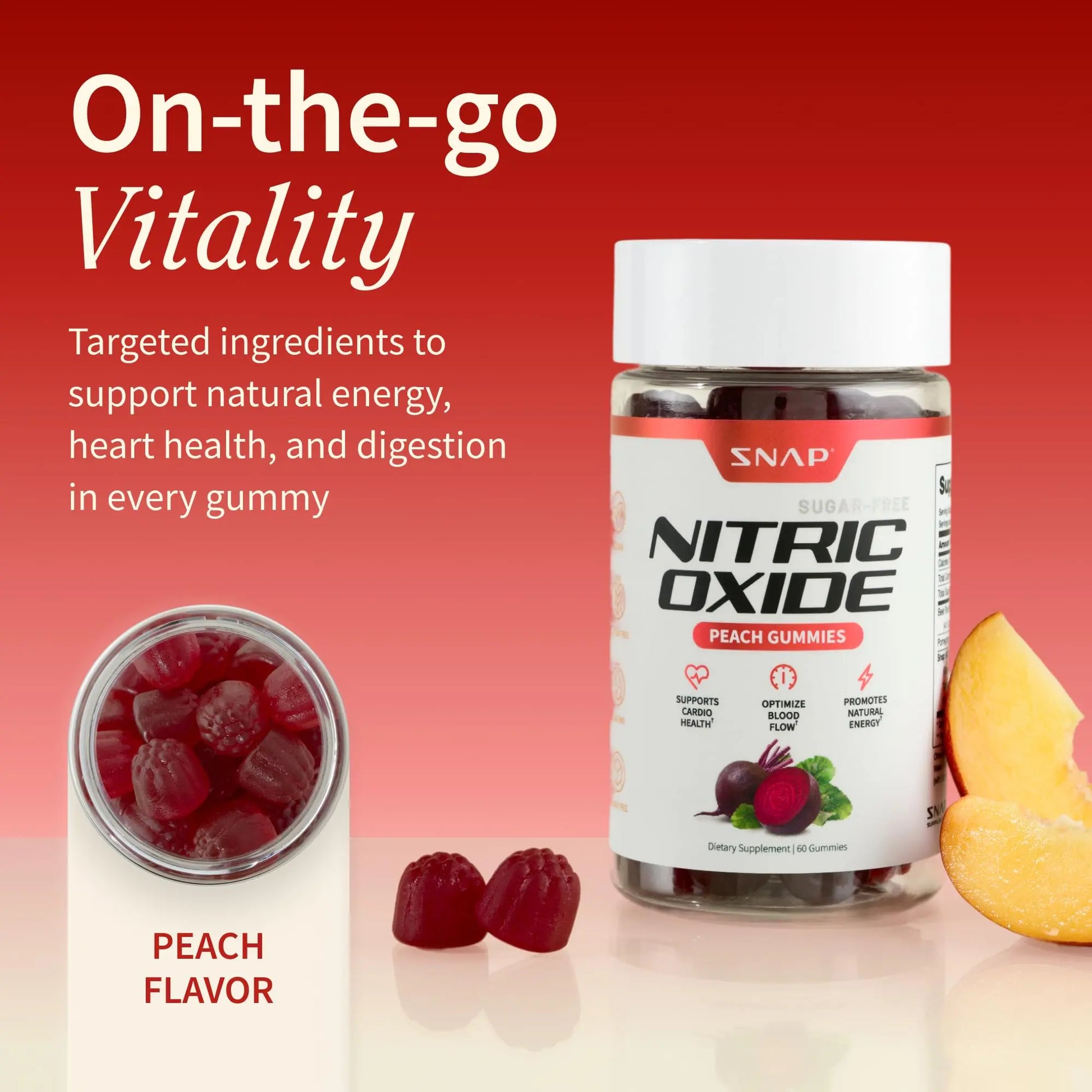 Snap Supplements Nitric Oxide Beet Root Gummies Supplement with Organic Beets - Energy & Circulation Support, 60 Sugar-Free Gummies (30 Servings, 1 Month Supply), Peach Snap Supplementsnz supplements