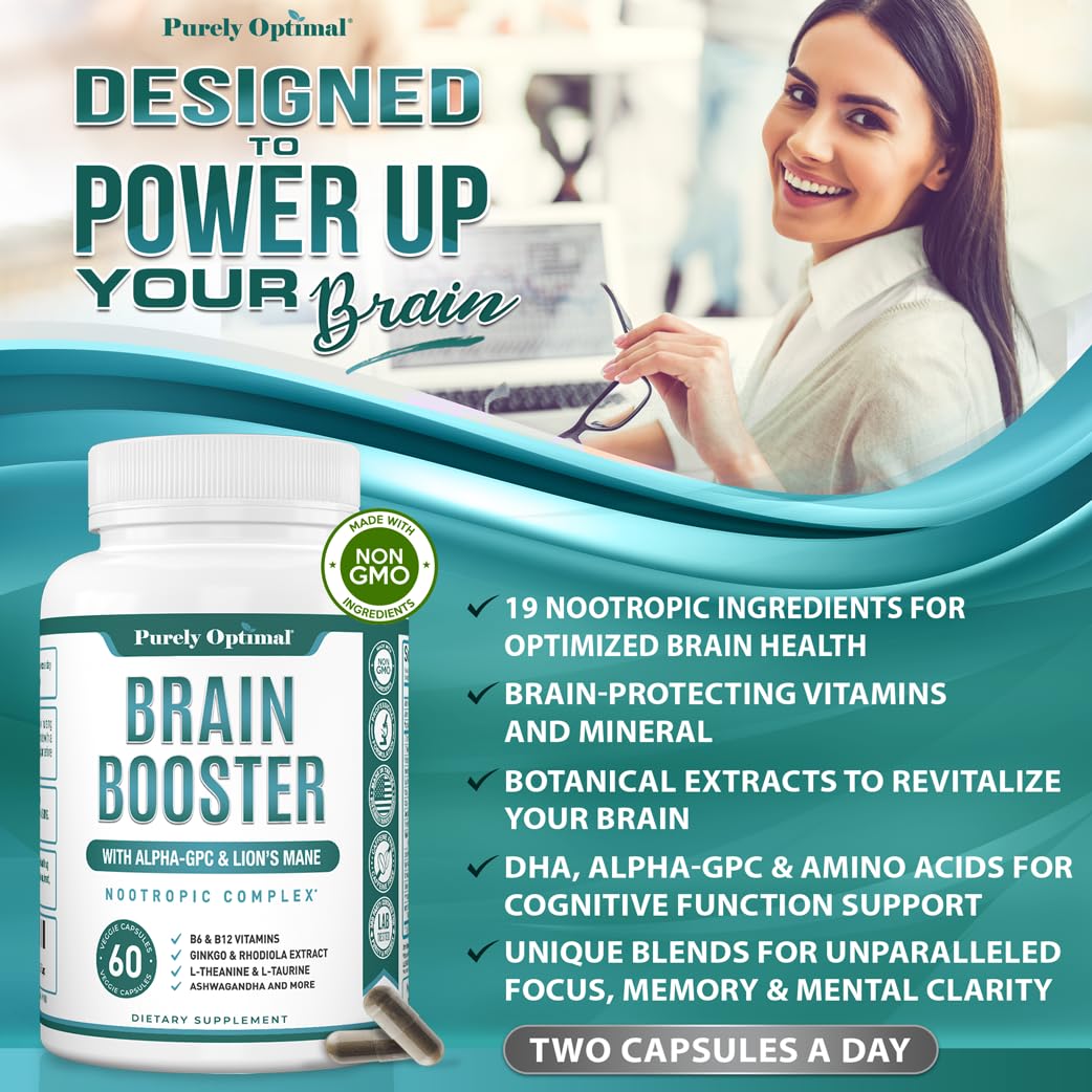 Purely Optimal Brain Booster Nootropic Supplement – Brain Support for Memory, Focus, Clarity, Jitter-Free Energy for Adults, Seniors– with Ginkgo Biloba, Alpha GPC, Lion’s Mane – 60 Capsules Purely OptimalAu supplements