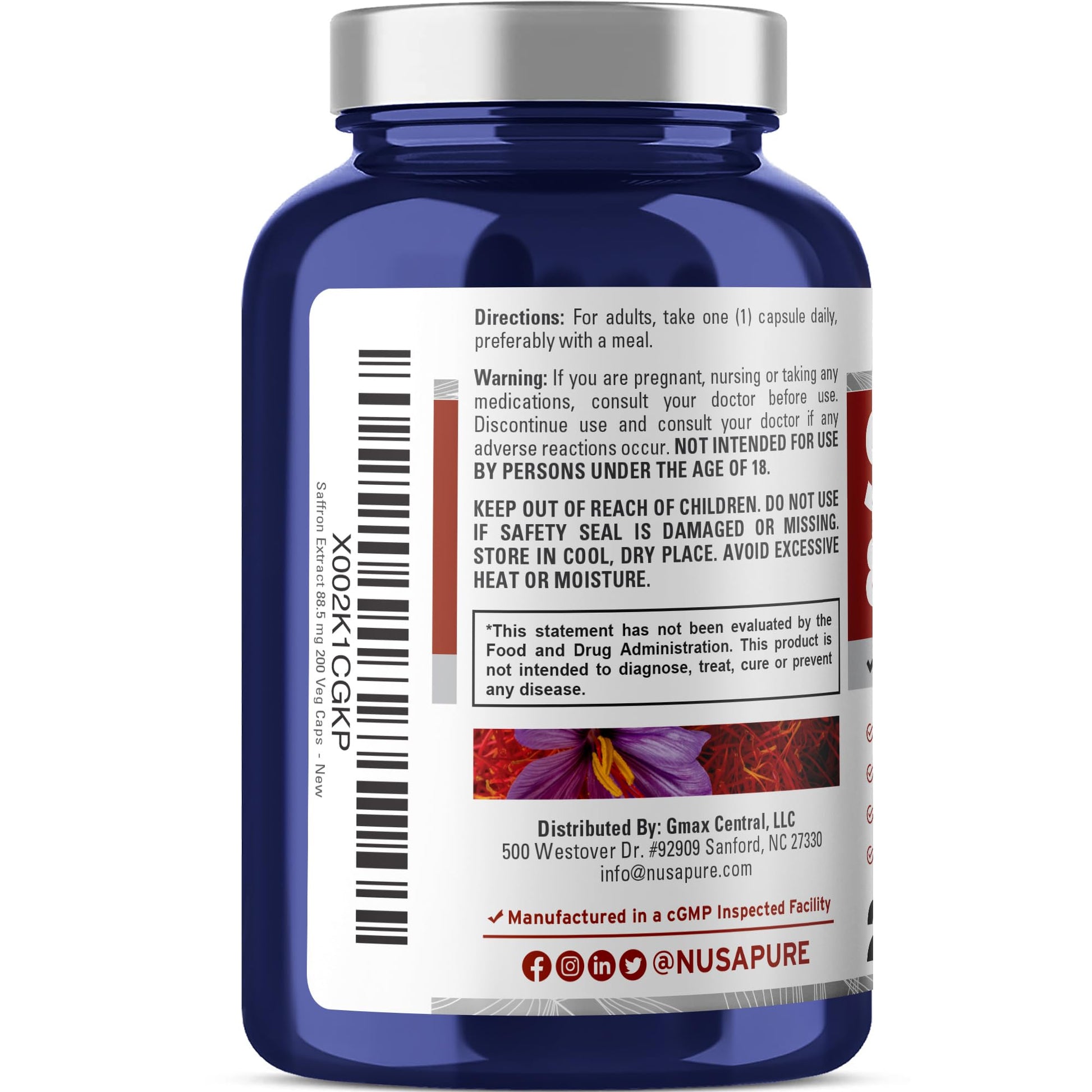NusaPure Saffron Extract 88.5mg 200 Veggie Caps (Vegetarian, Non-GMO, Vegan) NusaPureAu supplements