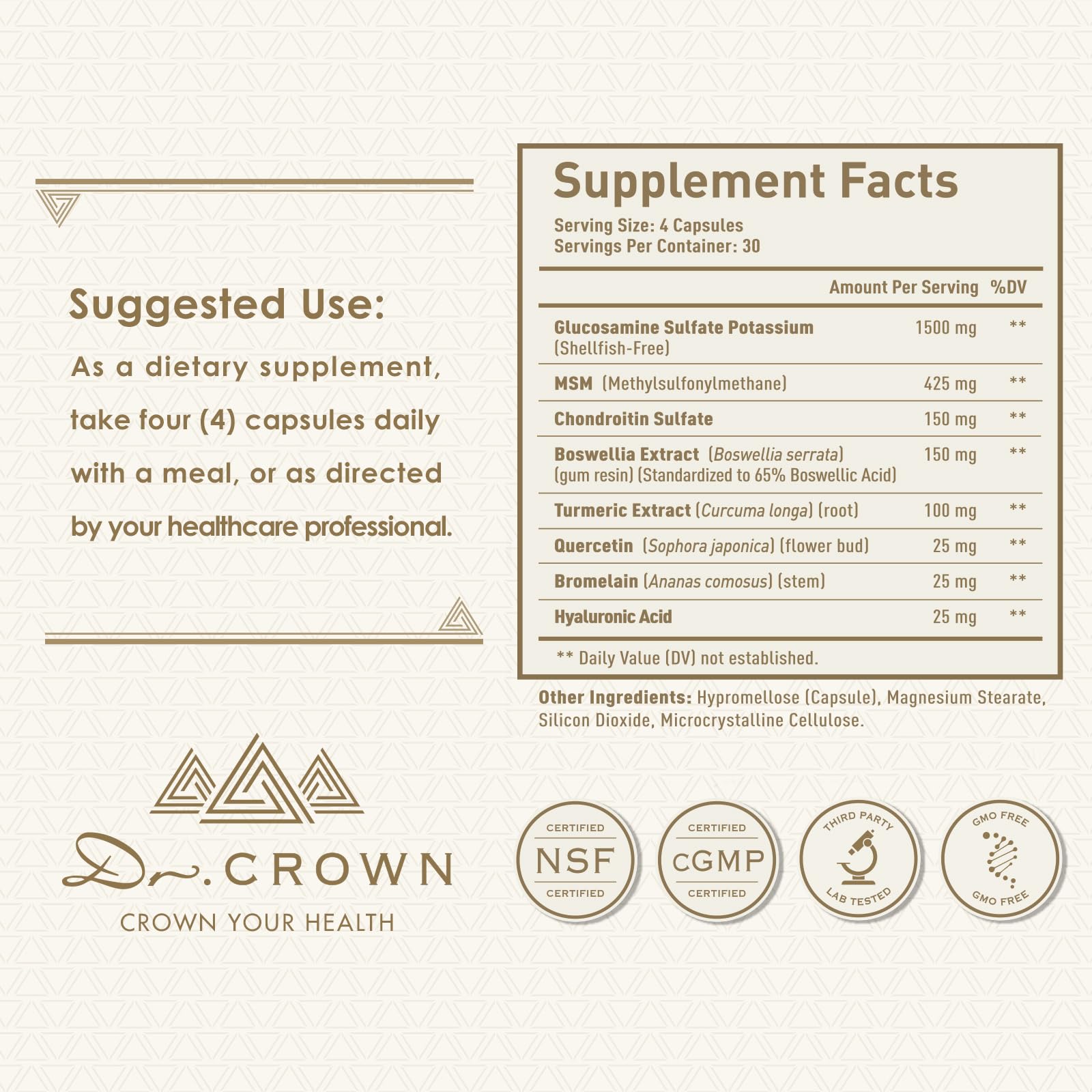 DR. CROWN Joints Health Suppplement, Glucosamine Chondroitin MSM - Joint Support Supplement for Women and Men with Turmeric, MSM &Boswellia, for Cartilage, Joint Health and Flexibility - 120 Capsules DR. CROWNAu supplements