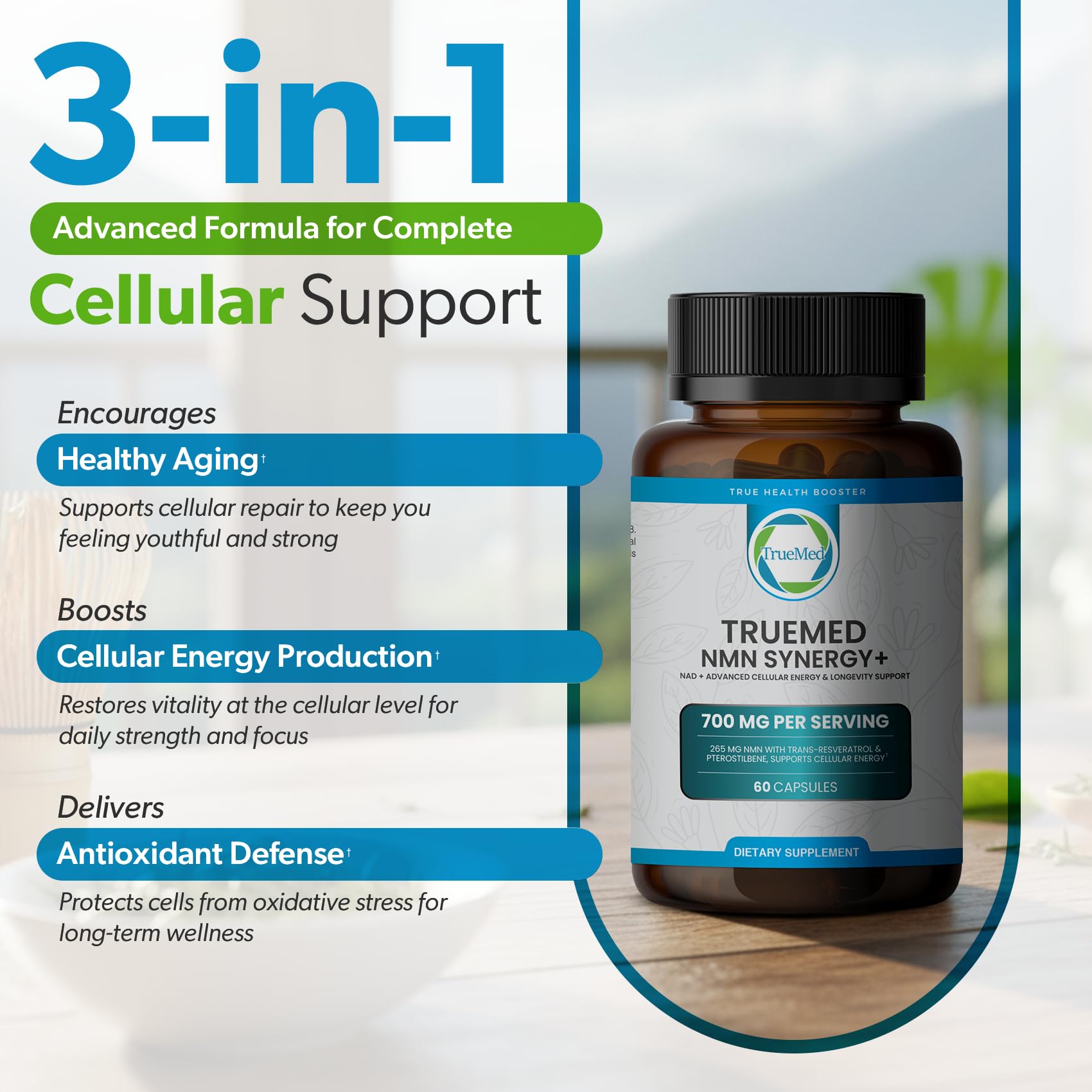 TRUEMED NMN Synergy+ 700mg – Premium NMN Supplement with Resveratrol & Pterostilbene | Advanced NAD+ Supplement for Cellular Energy, & Wellness Support | Non-GMO, Vegan, 60 Capsules TRUEMEDAu supplements