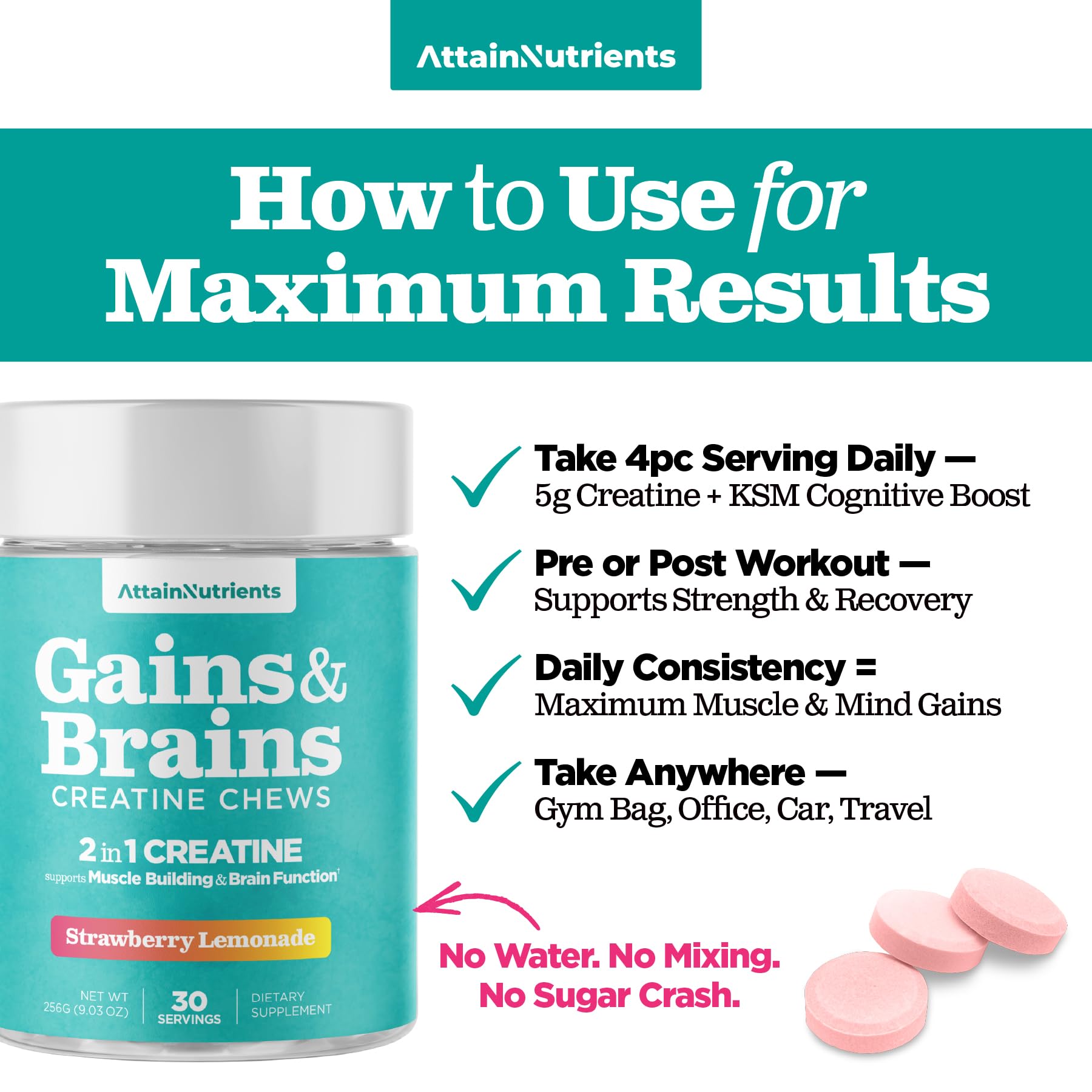 Creatine Chews - 5000mg Creatine Monohydrate Tablets for Men & Women with Ashwagandha KSM-66 - Low Sugar Muscle Support & Cognitive Boost - Gummy Alternative - 120 Count (Strawberry Lemonade) Attain NutrientsAu supplements