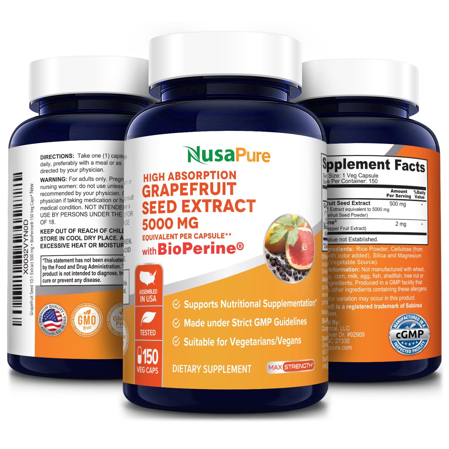NusaPure Grapefruit Extract 5,000 mg per Capsule (Extract 10:1) Bioperine 150 Veggie caps (Gluten Free & Non-GMO) NusaPureAu supplements