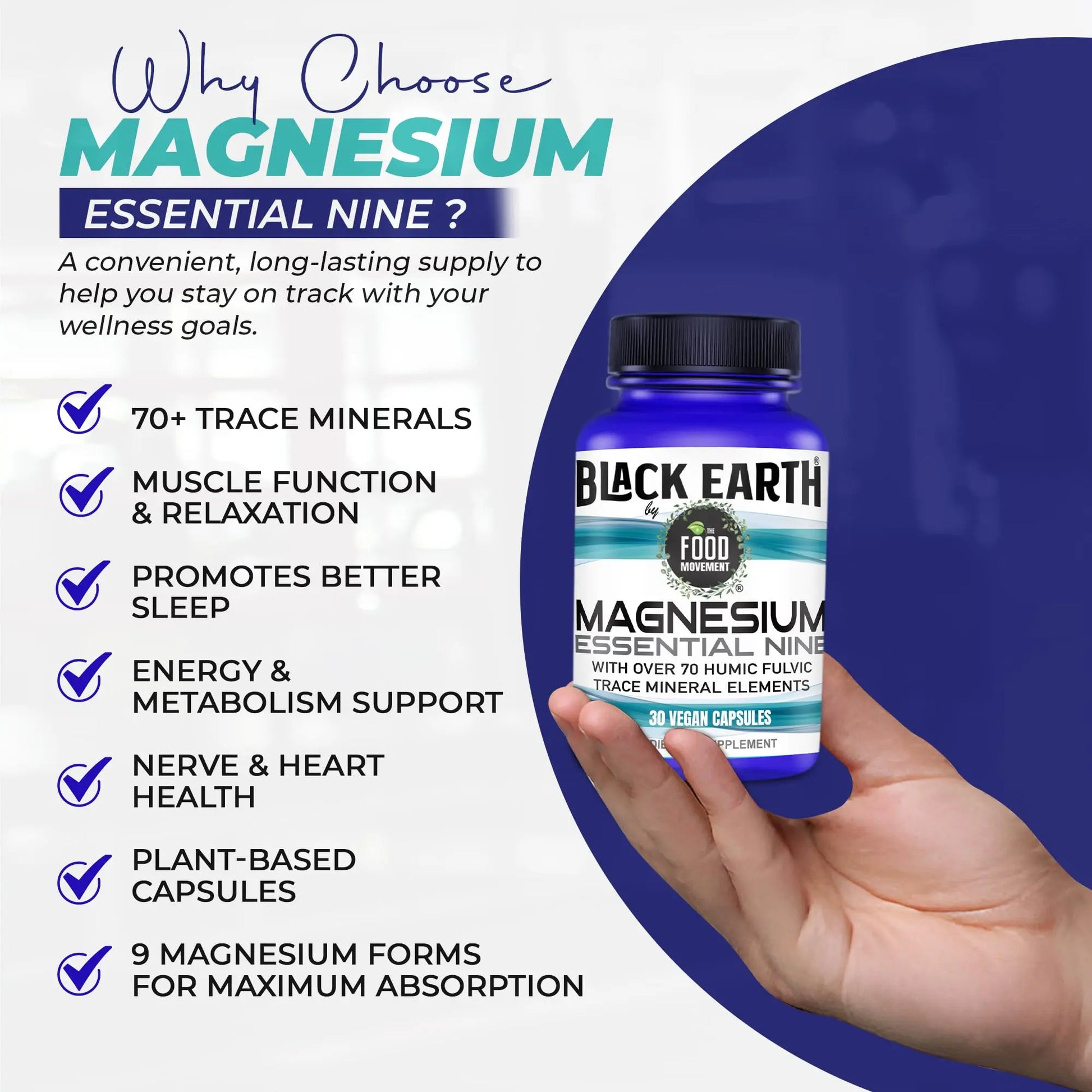 The Food Movement Co. Black Earth Magnesium Essential Nine - Vegan Capsules with Magnesium Glycinate, Citrate, Malate and More - 9 Bioactive Forms for Optimal Health (30 Count) THE FOOD MOVEMENT CO.nz supplements