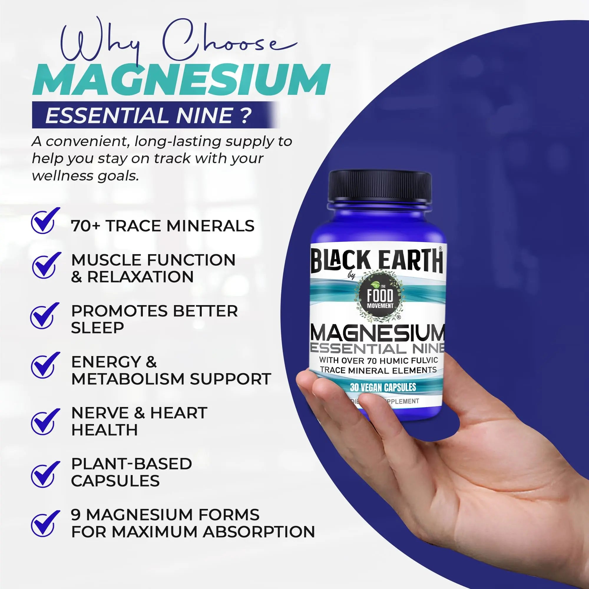 The Food Movement Co. Black Earth Magnesium Essential Nine - Vegan Capsules with Magnesium Glycinate, Citrate, Malate and More - 9 Bioactive Forms for Optimal Health (30 Count) THE FOOD MOVEMENT CO.nz supplements