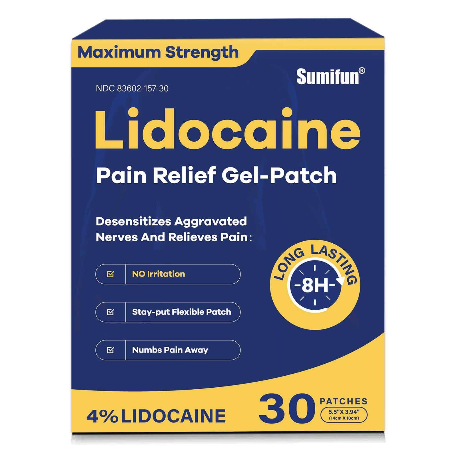 Sumifun 4% Lidocaine Pain Relief Patches 30 Count Maximum Strength Numbing Gel Patch for Back Knee Neck Joint Ache Muscle Soreness Topical Analgesic SumifunAu supplements