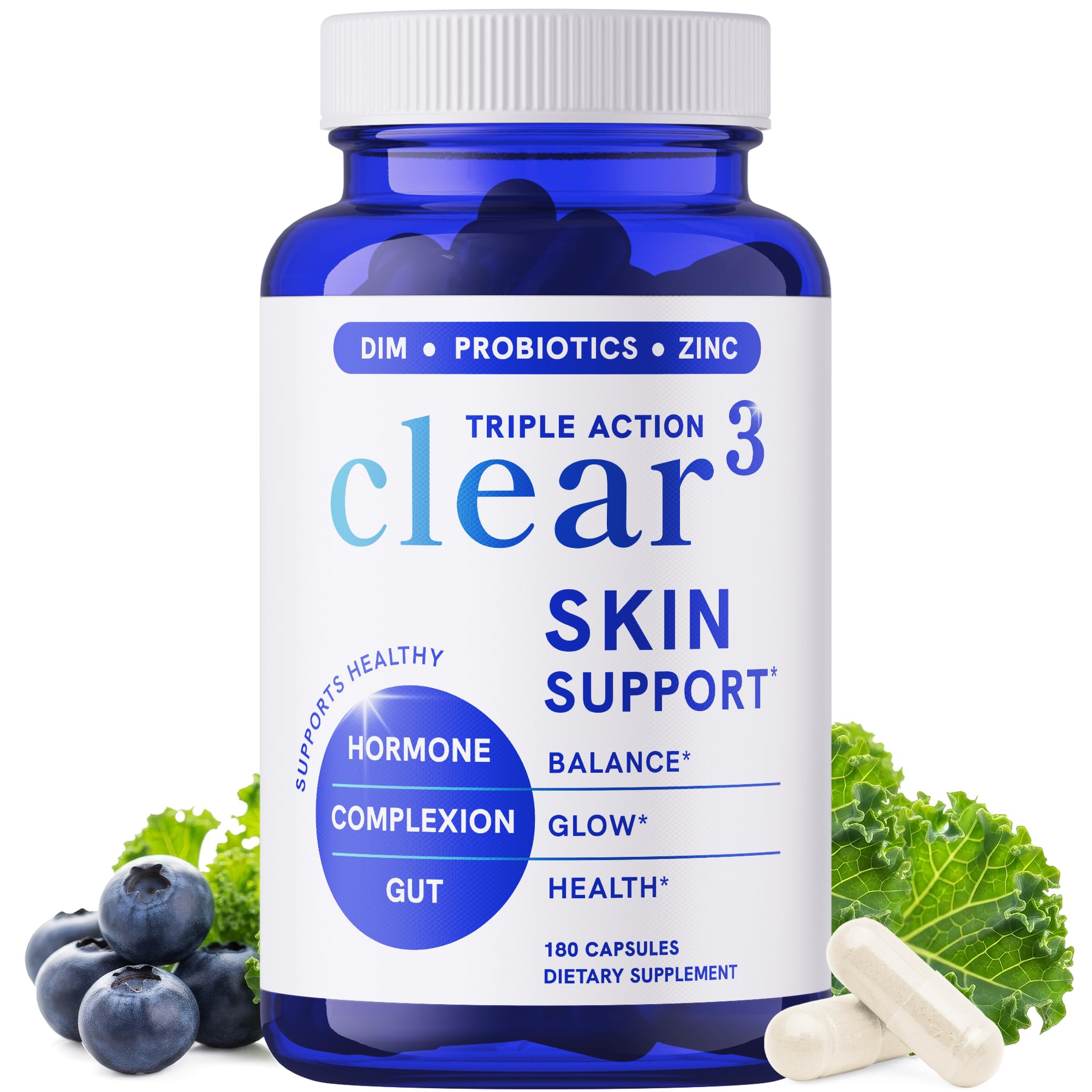 Clear Skin Supplement with Zinc, DIM & Probiotics | 3-in-1 Balance, Glow & Health Skin Support | Triple Action Hyaluronic Acid, Niaciminide & Vitamins for Hormone, Complexion & Gut Support | 180 Ct SMNutritionAu supplements