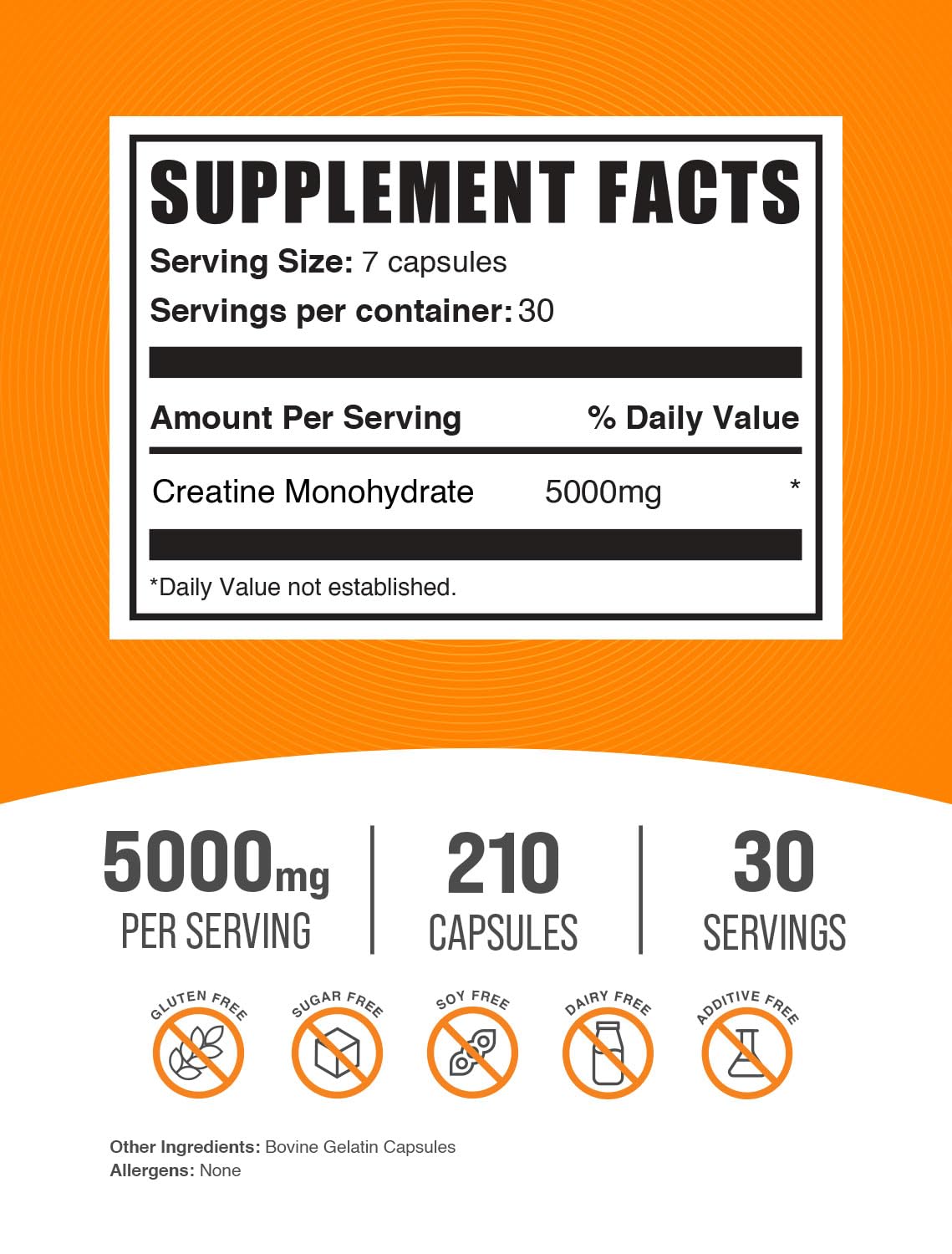 BulkSupplements.com Creatine Monohydrate Capsules - Micronized Creatine Monohydrate, Sports Nutrition - 7 Capsules per Serving, 5000mg, Gluten Free, 210 Count (Pack of 1) BulkSupplementsAu supplements