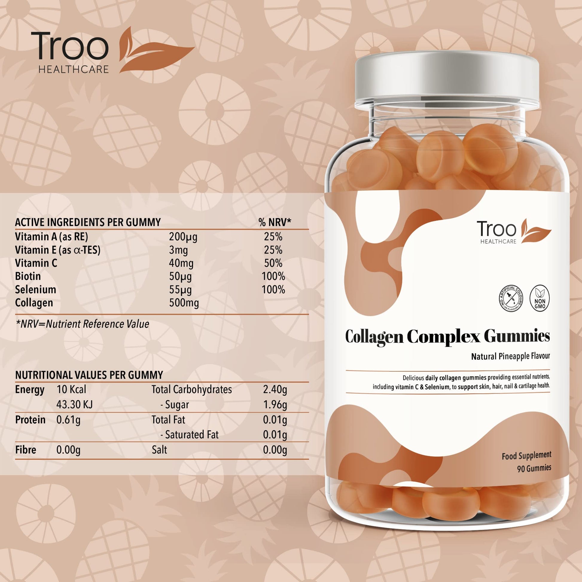 Hydrolysed Collagen Complex - 90 Natural Pineapple Flavour Chewable Gummies - One Per Day with Biotin, Vitamin C and Selenium Troo Health CareAu supplements