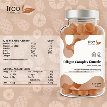 Hydrolysed Collagen Complex - 90 Natural Pineapple Flavour Chewable Gummies - One Per Day with Biotin, Vitamin C and Selenium Troo Health CareUS supplements
