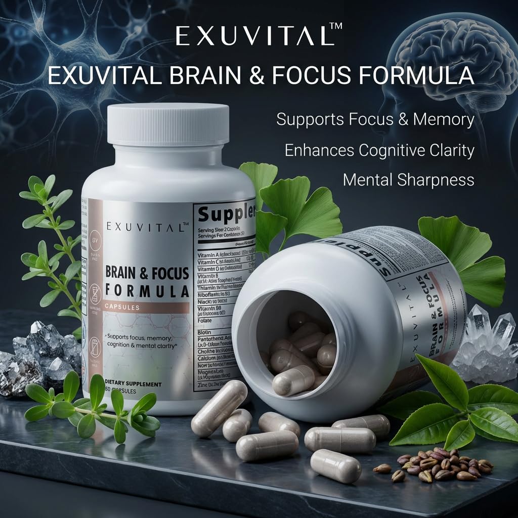 EXUVITAL Brain & Focus Formula, Veggie Capsules, 60 Count, Nootropic Supplement with Vitamins, Minerals and Proprietary Blend for Clarity, Memory, Cognition and Mental Focus EXUVITALAu supplements
