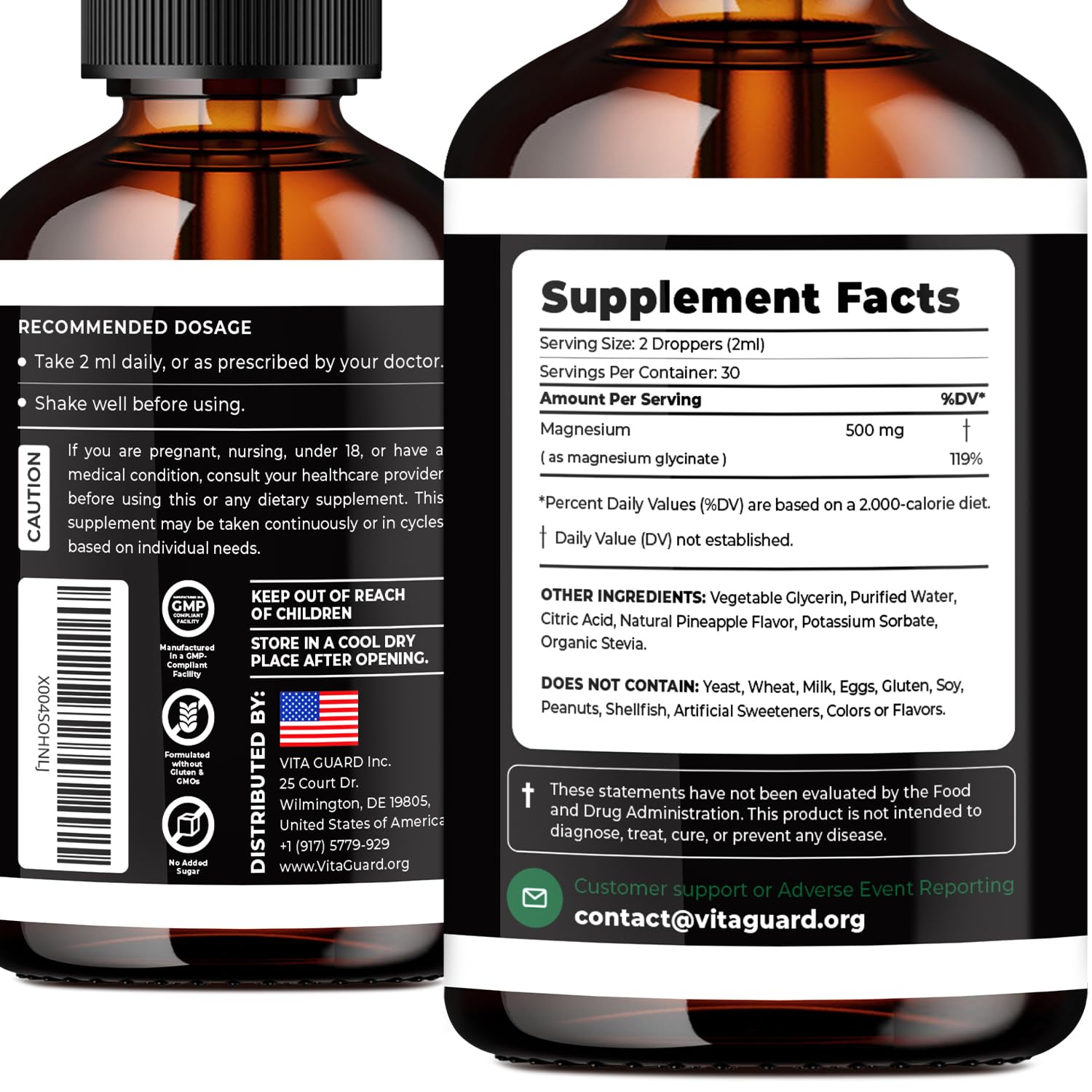 Magnesium Glycinate 500mg Liquid Drops – Sugar-Free Magnesium Supplement, Vegan Formula, 60 mL Flavor Pineapple Vita GuardAu supplements