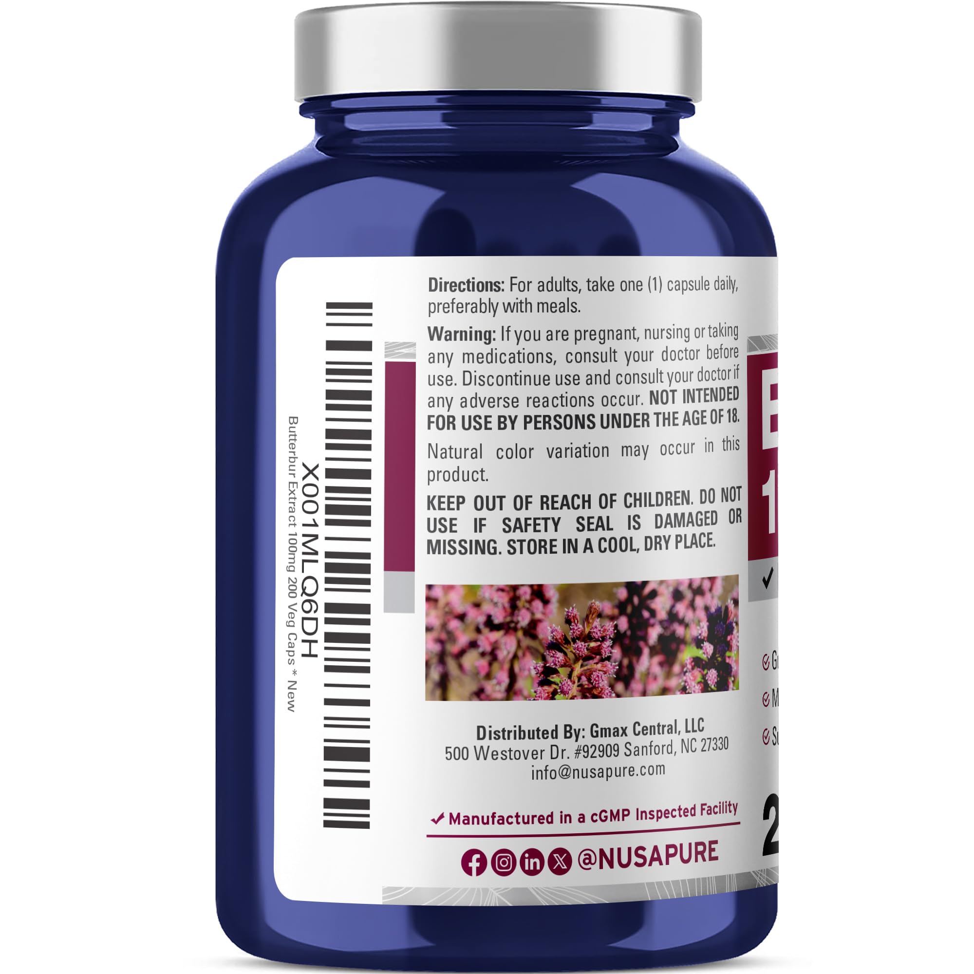 NusaPure Butterbur Extract 100mg per caps 200 Veggie Capsules (Non-GMO, Vegetarian, Vegan) NusaPureAu supplements