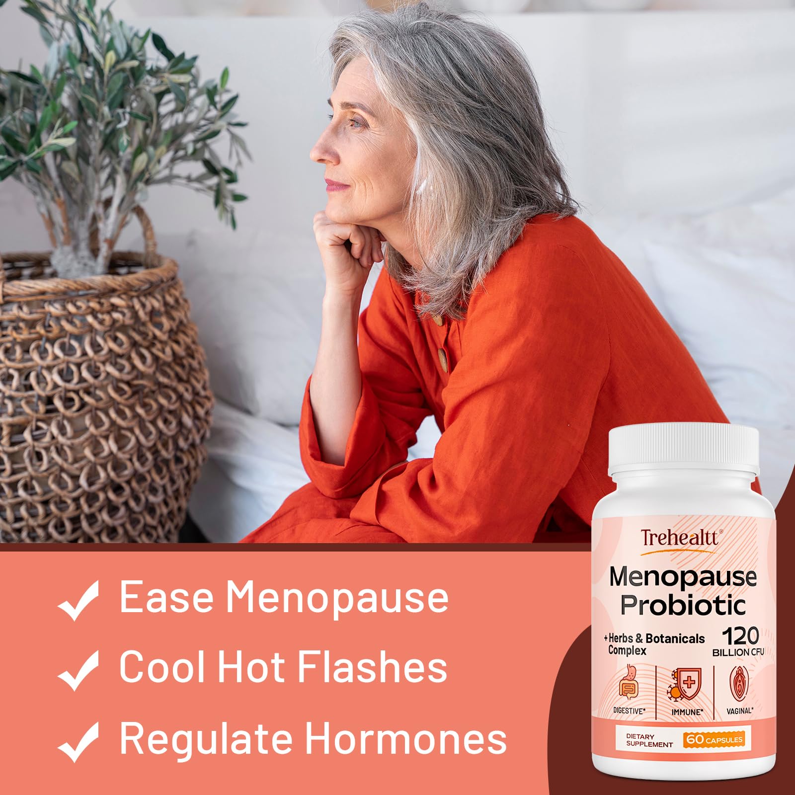 Menopause supplements for women, 120 Billion CFU Probiotic, 13-in-1 Herbs & Botanicals Complex, for Hormone Menopause, Hot Flashes, Night Sweats, Mood Swings, Sleep Disturbances, Vegan, 60 Capsules TrehealttAu supplements
